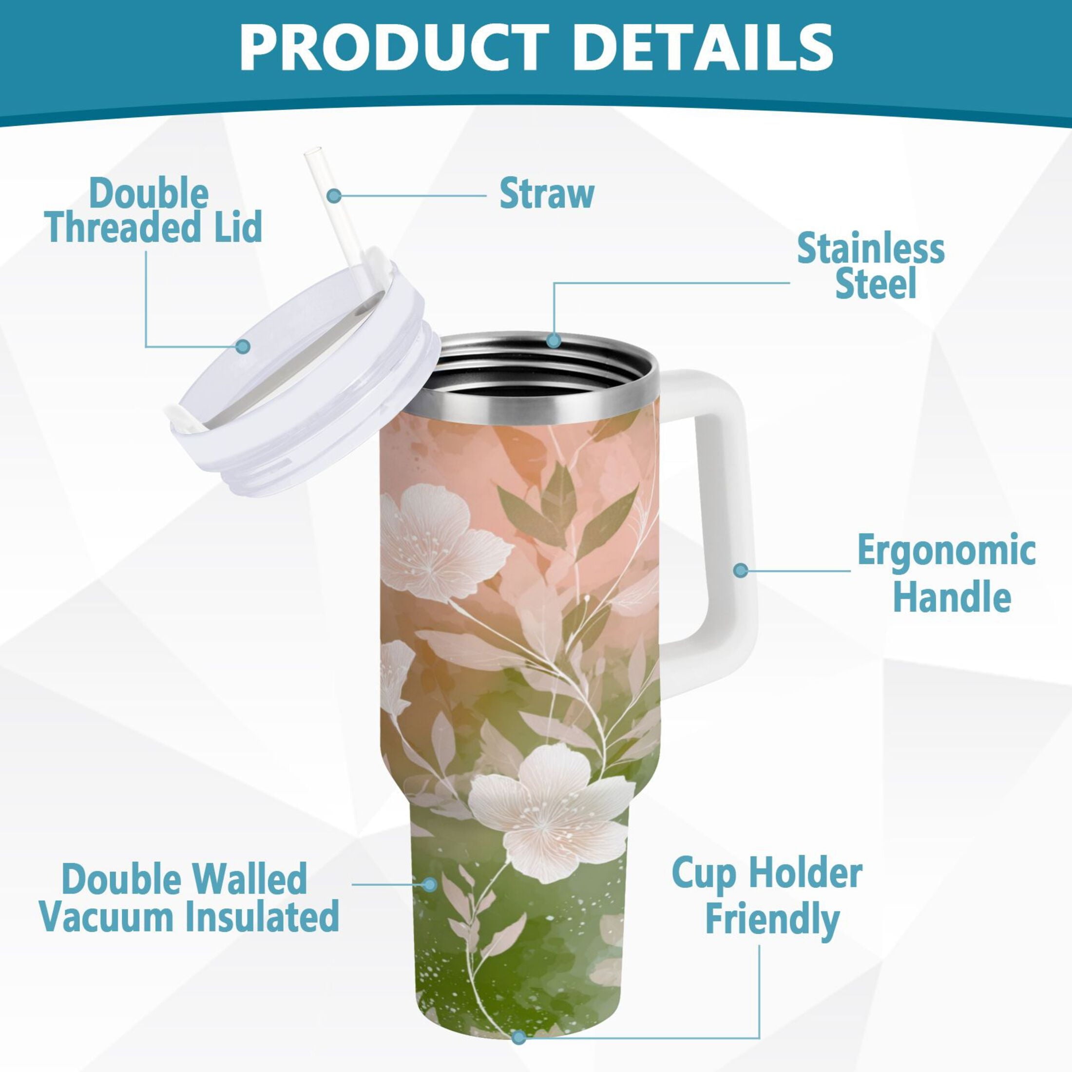 30 oz Insulated Stainless Steel Tumbler Double Wall Stainless Steel Tumbler with 2-Way Drinking Gradient Elegant Floral MX99