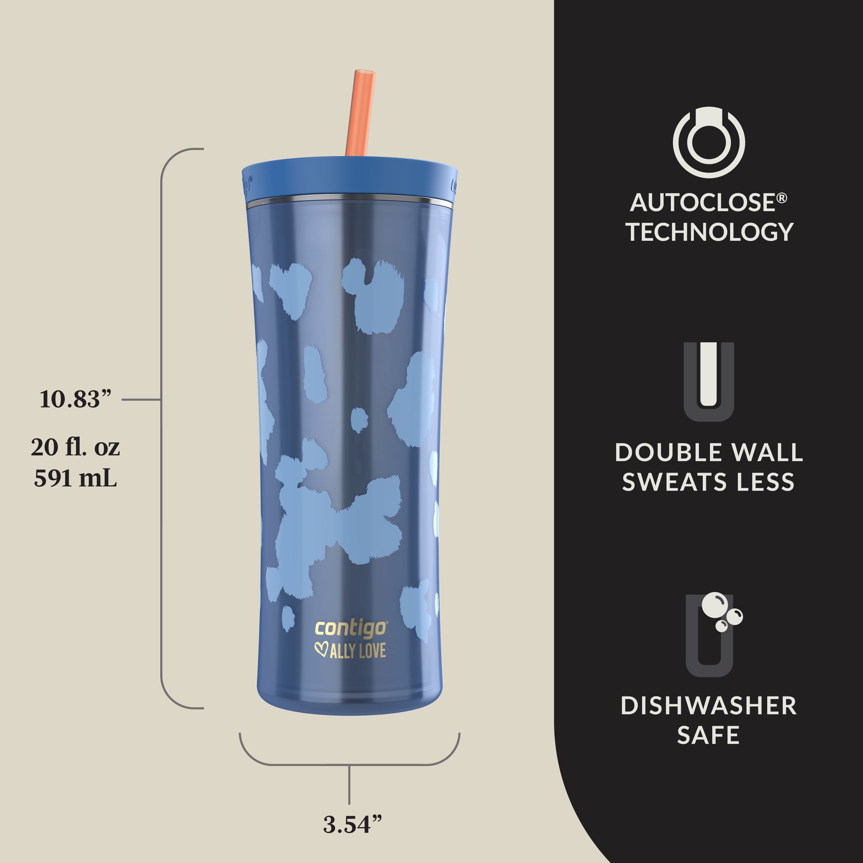 Contigo 20oz Shake &amp; Go Tumbler, Plastic with Straw, Stellar Jay Cowhide Couture 5PIQ