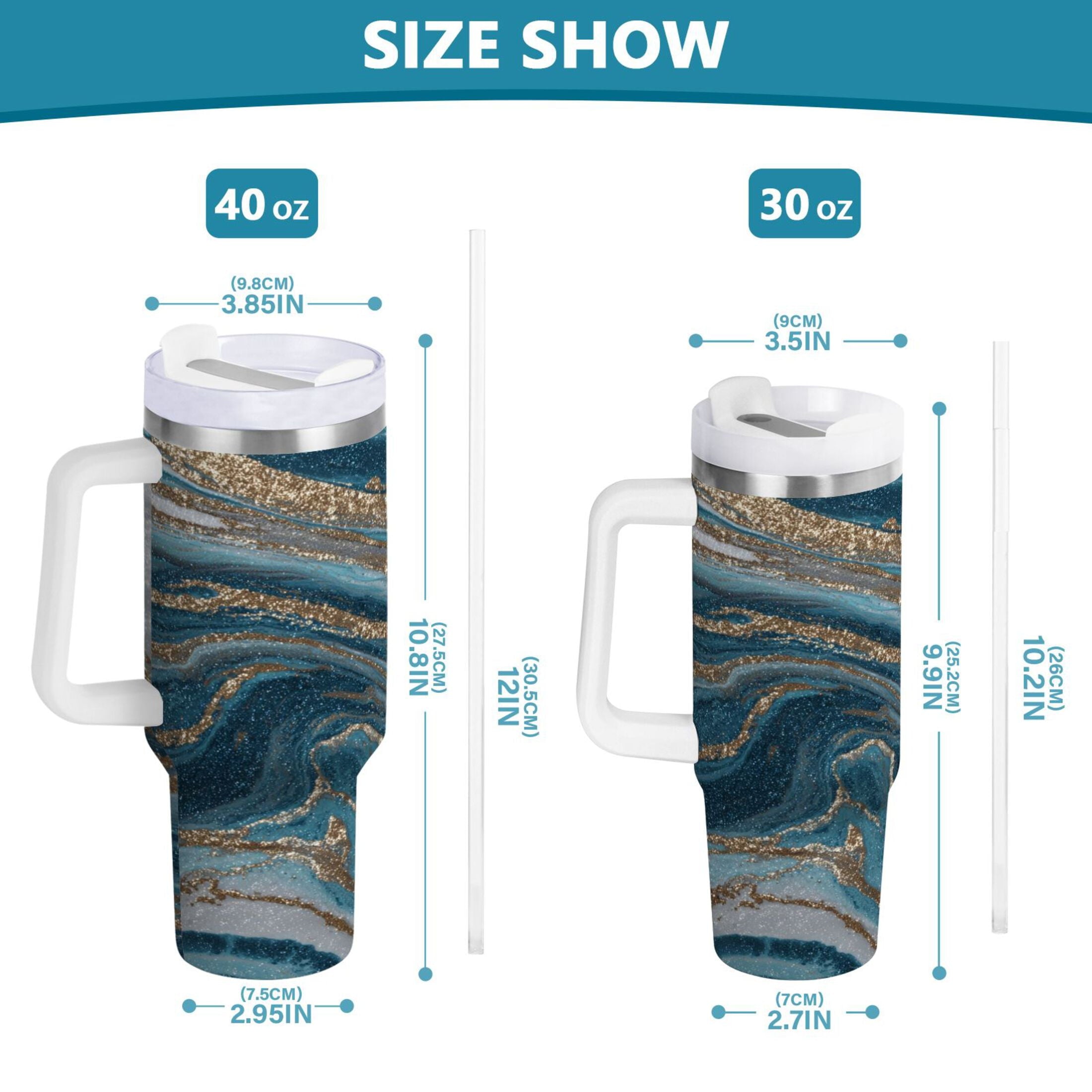 30 oz Insulated Stainless Steel Tumbler Double Wall Stainless Steel Tumbler with 2-Way Drinking Blue and Gold Swirling 1HW0
