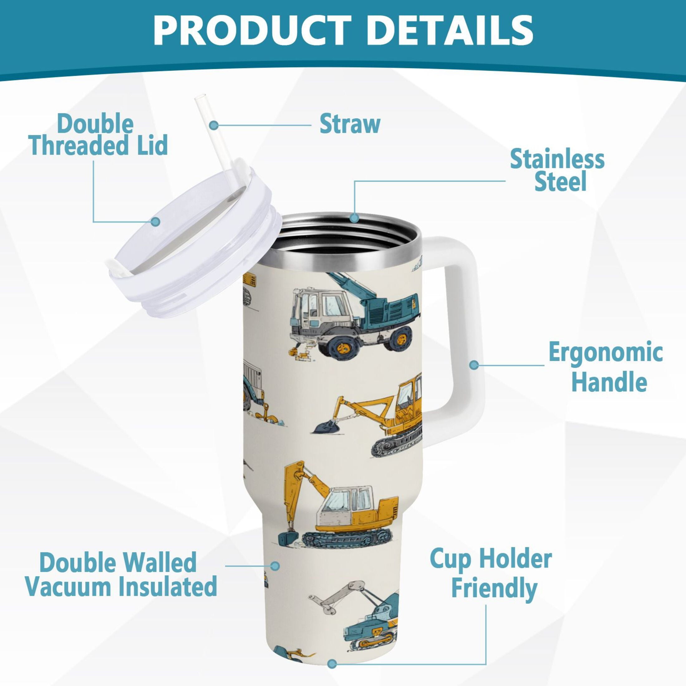 30 oz Insulated Stainless Steel Tumbler Double Wall Stainless Steel Tumbler with 2-Way Drinking Engineering Vehicle Pattern Z31E