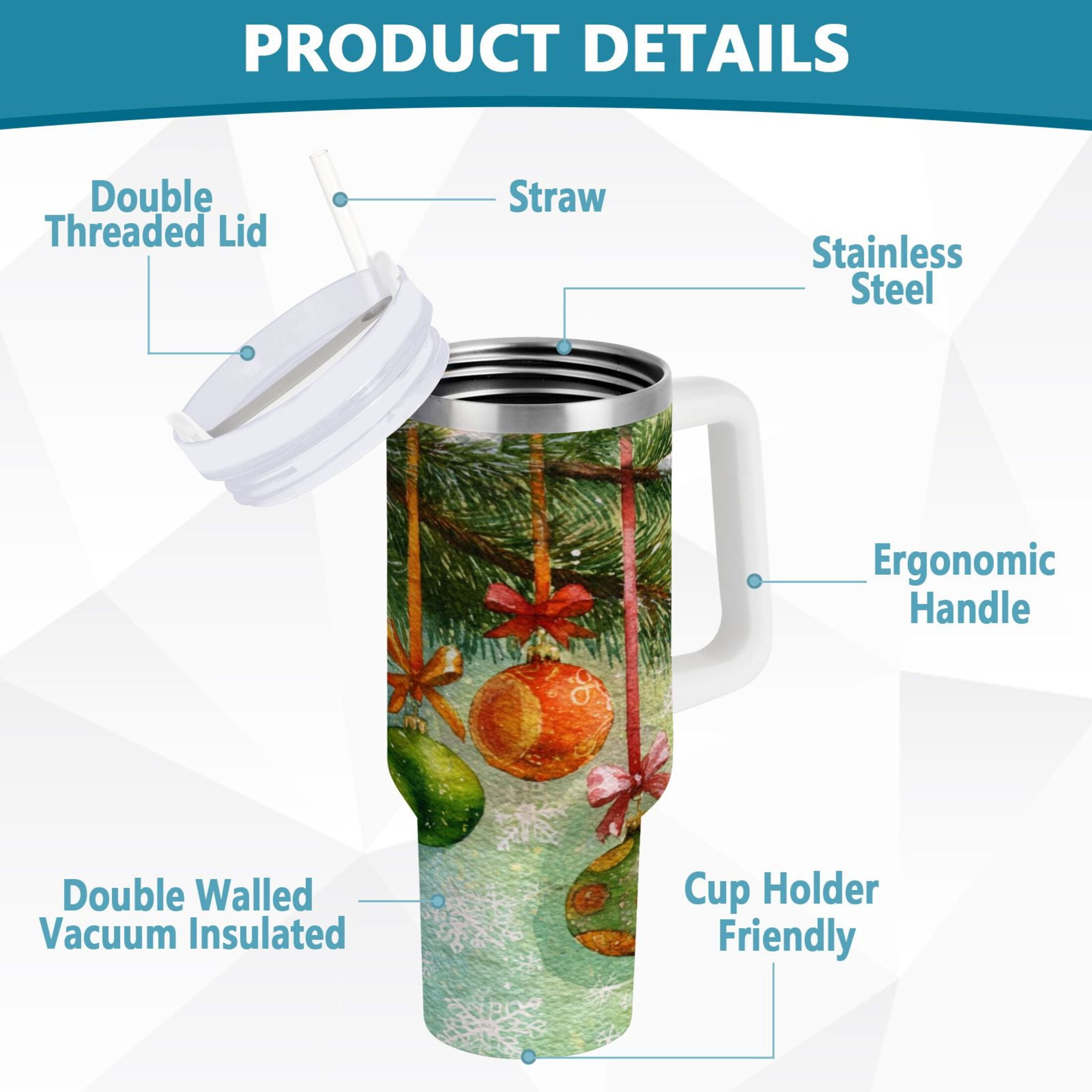 30 oz Insulated Stainless Steel Tumbler Double Wall Stainless Steel Tumbler with 2-Way Drinking Christmas Ornaments Watercolor Painting 3A0U