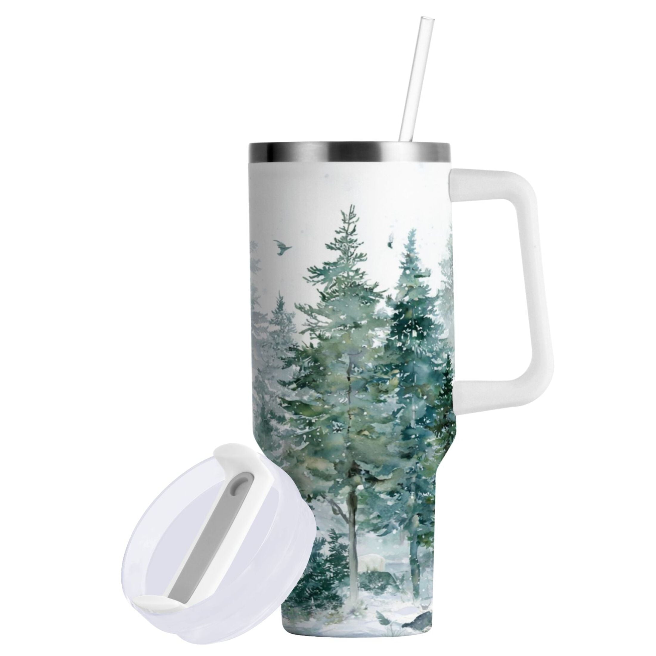30 oz Insulated Stainless Steel Tumbler Double Wall Stainless Steel Tumbler with 2-Way Drinking Green Snowy Forest Scene PMJY