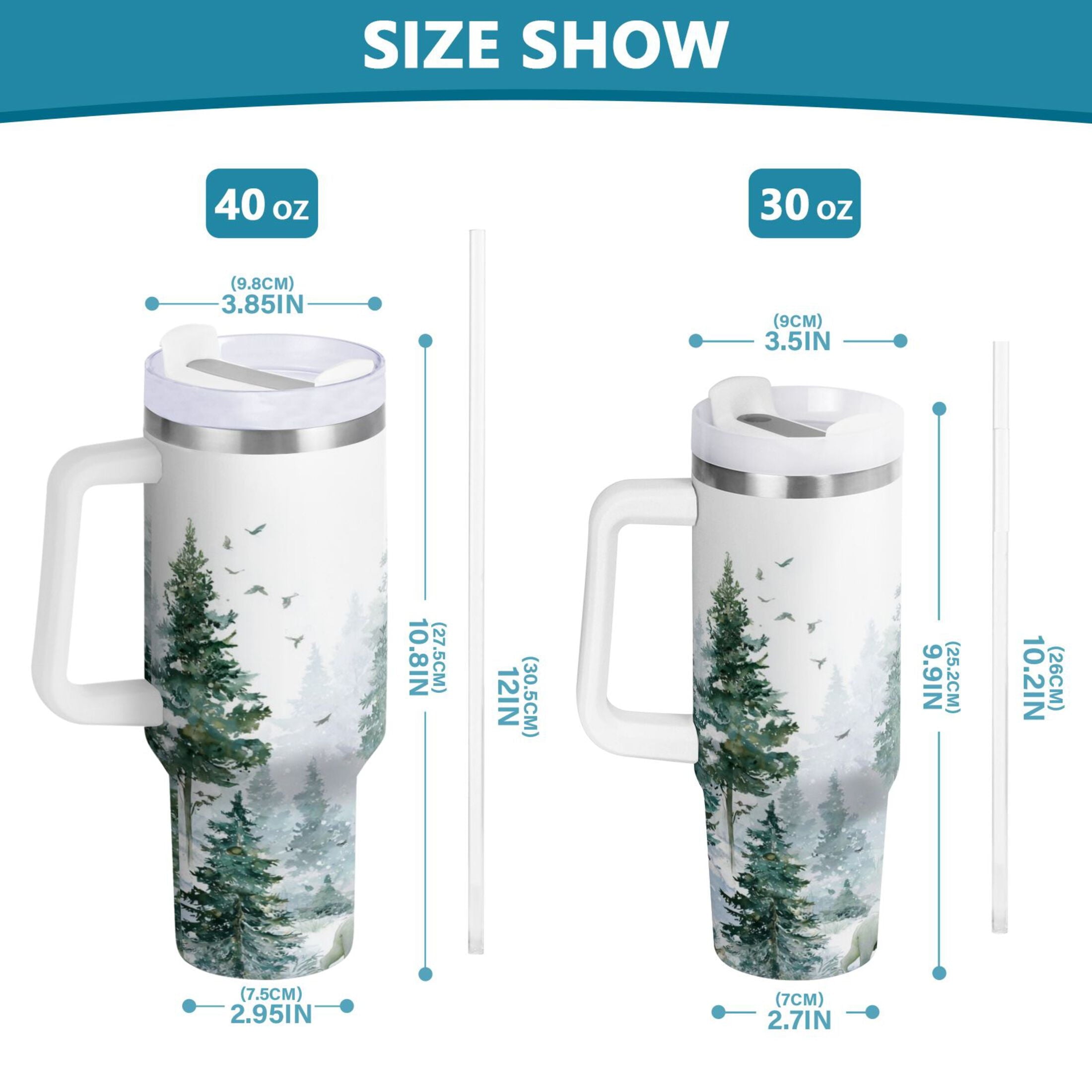 30 oz Insulated Stainless Steel Tumbler Double Wall Stainless Steel Tumbler with 2-Way Drinking Green Snowy Forest Scene PMJY