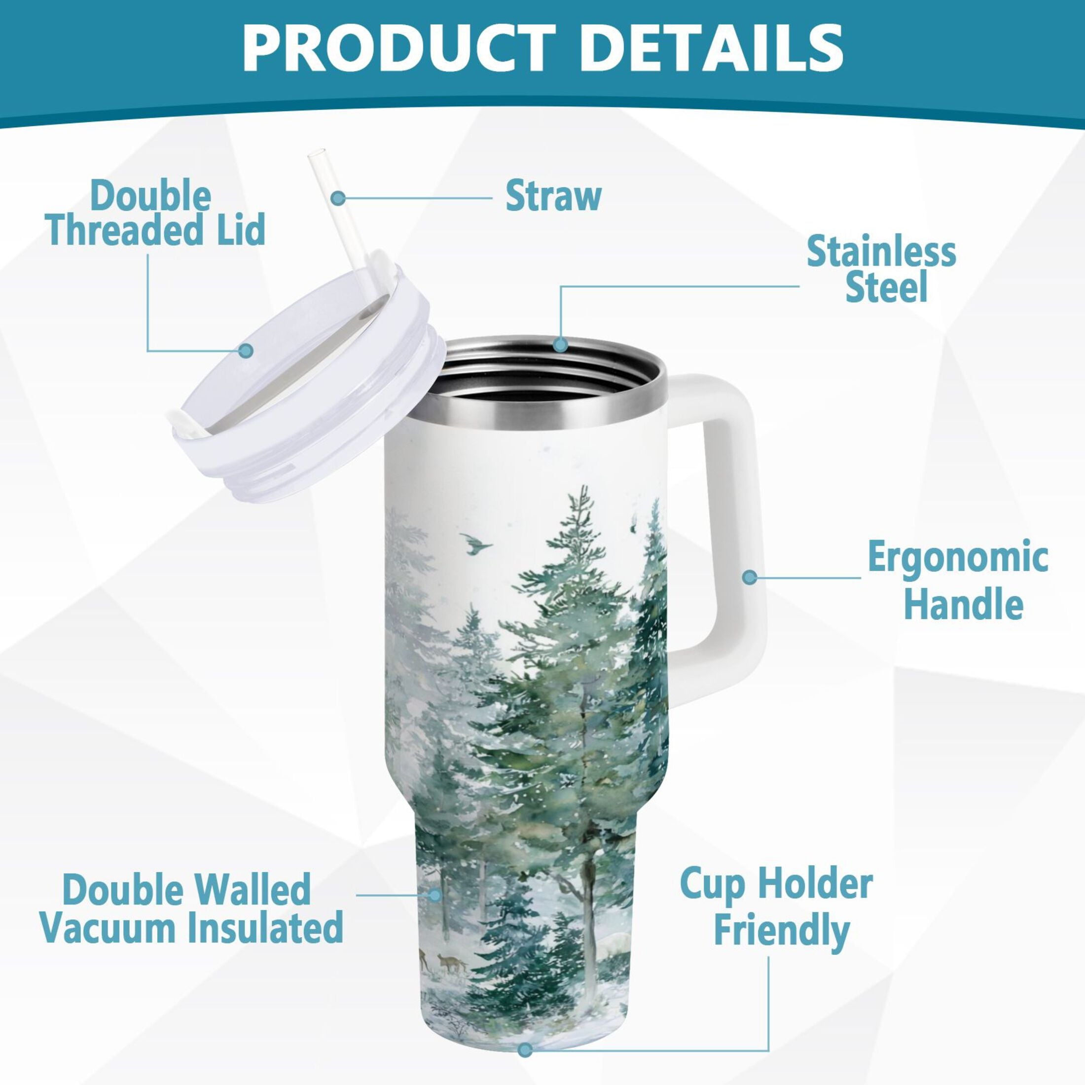 30 oz Insulated Stainless Steel Tumbler Double Wall Stainless Steel Tumbler with 2-Way Drinking Green Snowy Forest Scene PMJY