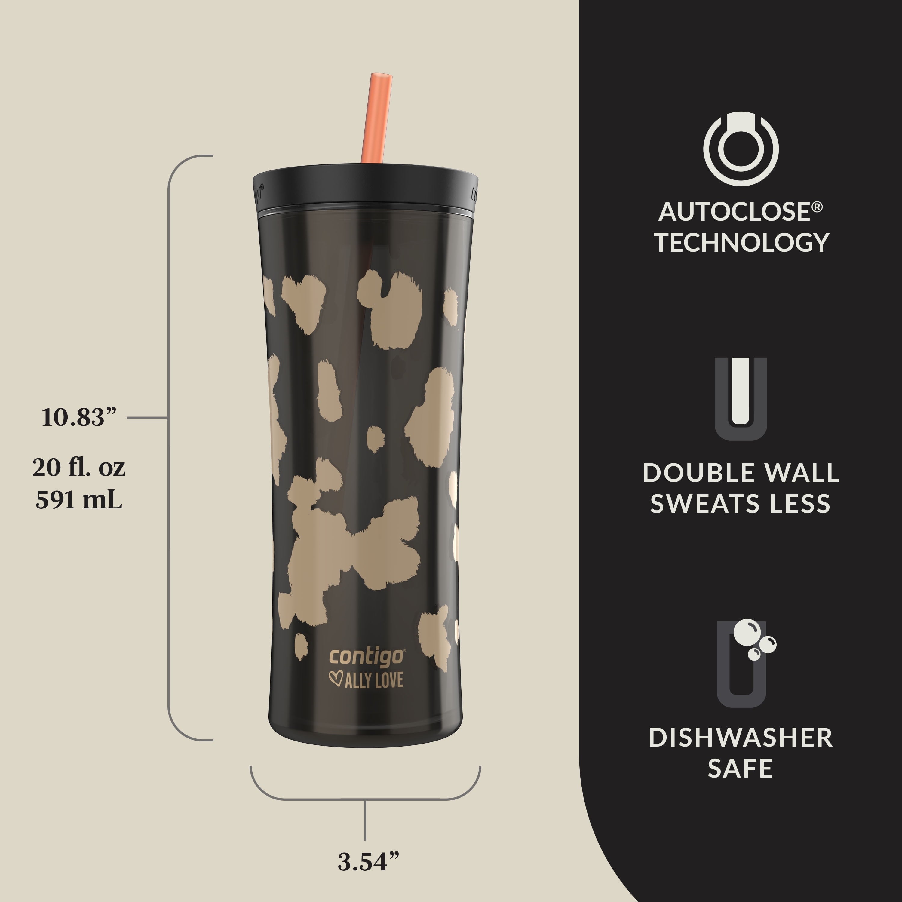 Contigo 20oz Shake &amp; Go Tumbler, Plastic with Straw, Licorice Cowhide Couture Z9MR