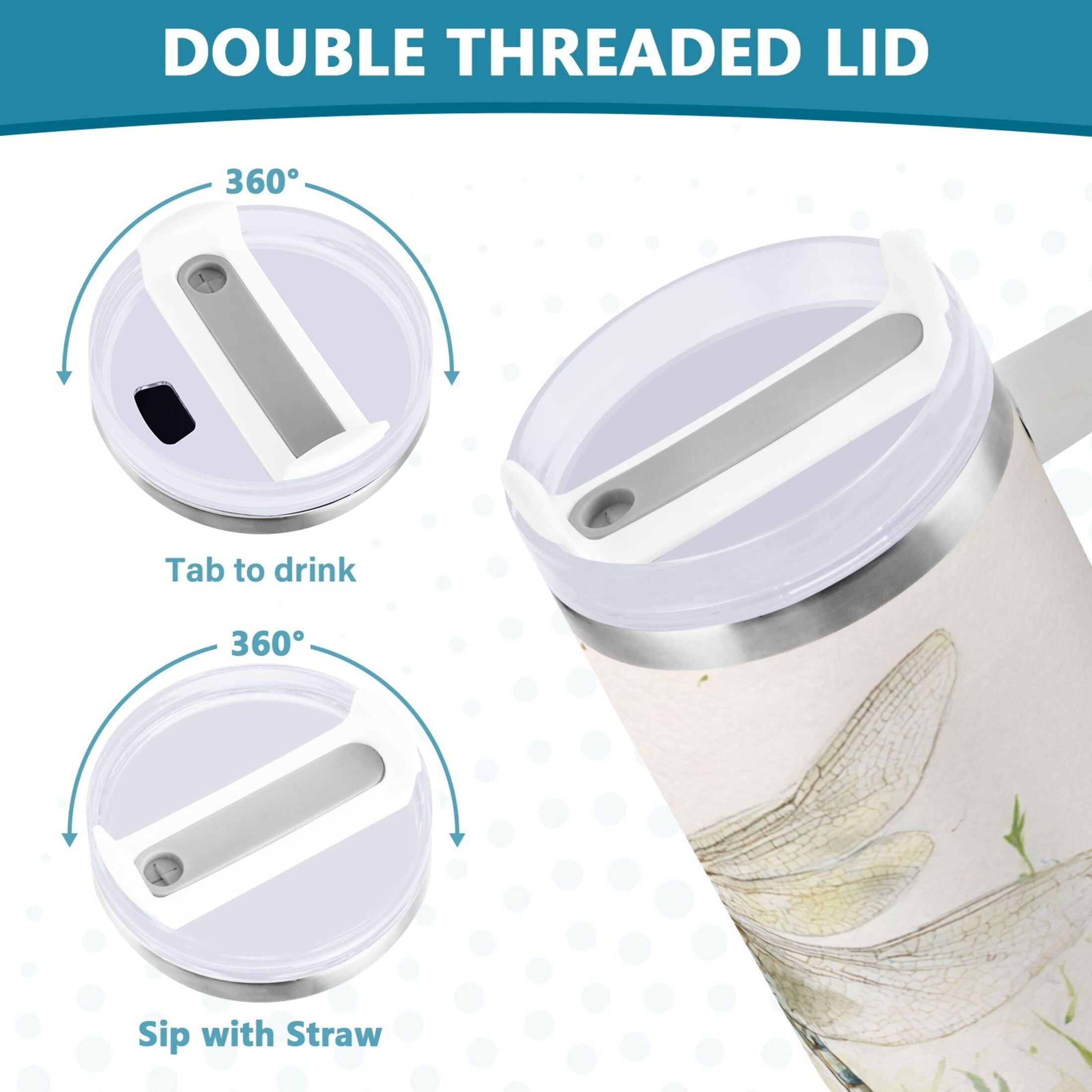 30 oz Insulated Stainless Steel Tumbler Double Wall Stainless Steel Tumbler with 2-Way Drinking Dragonflies with White Daisies 5Q18