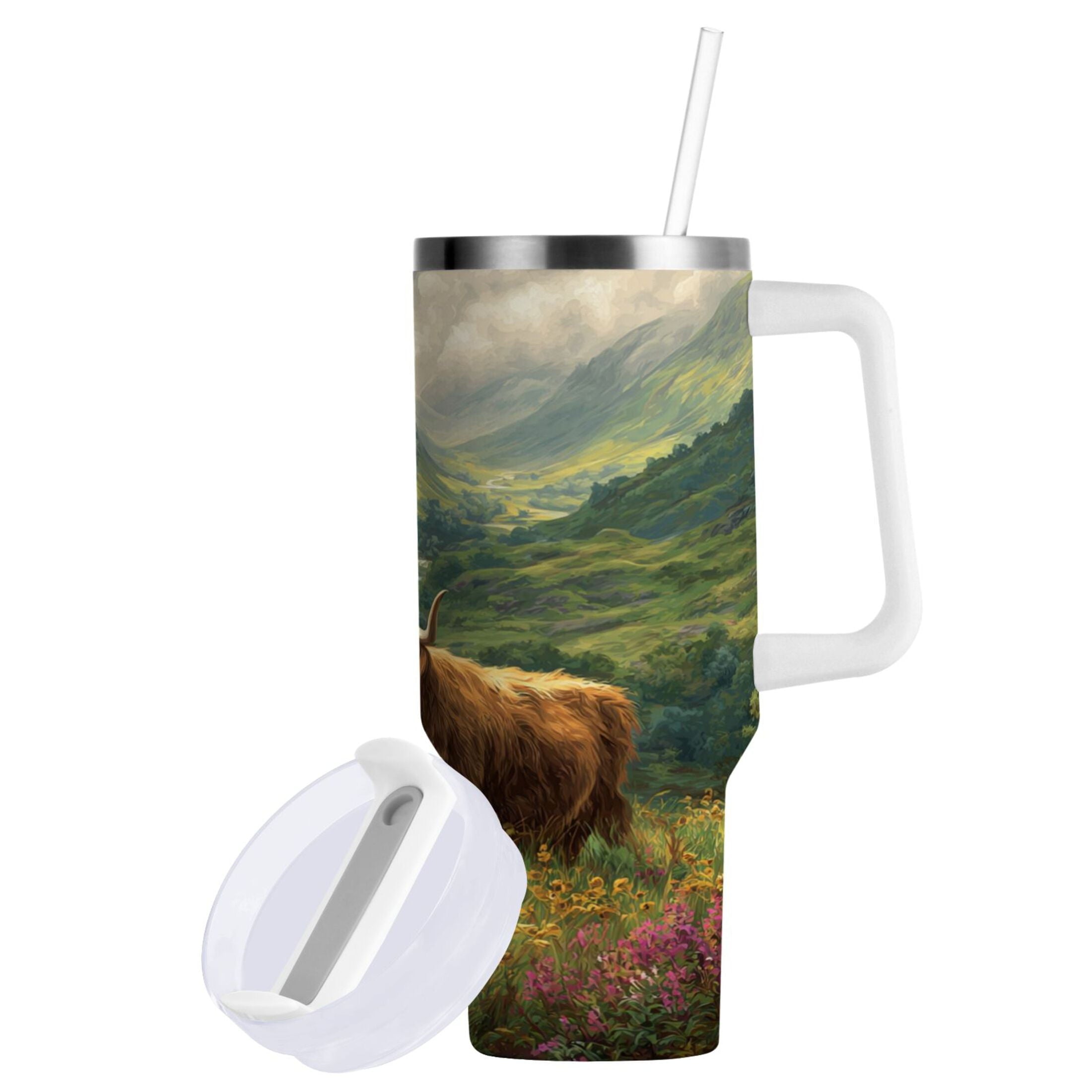 30 oz Insulated Stainless Steel Tumbler Double Wall Stainless Steel Tumbler with 2-Way Drinking Cow in Green Rolling Hills GH8P
