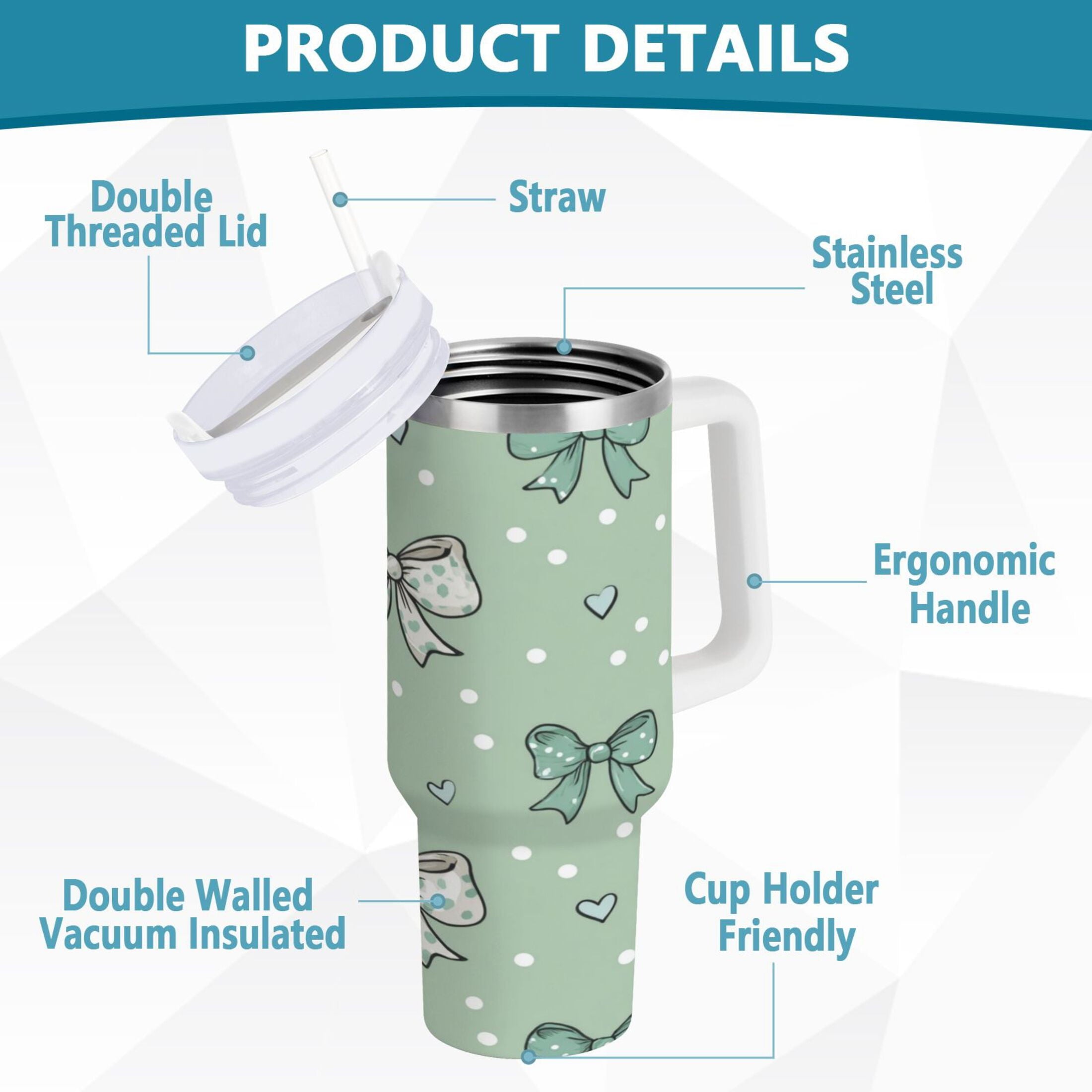 30 oz Insulated Stainless Steel Tumbler Double Wall Stainless Steel Tumbler with 2-Way Drinking Green and Mint Bows S96K