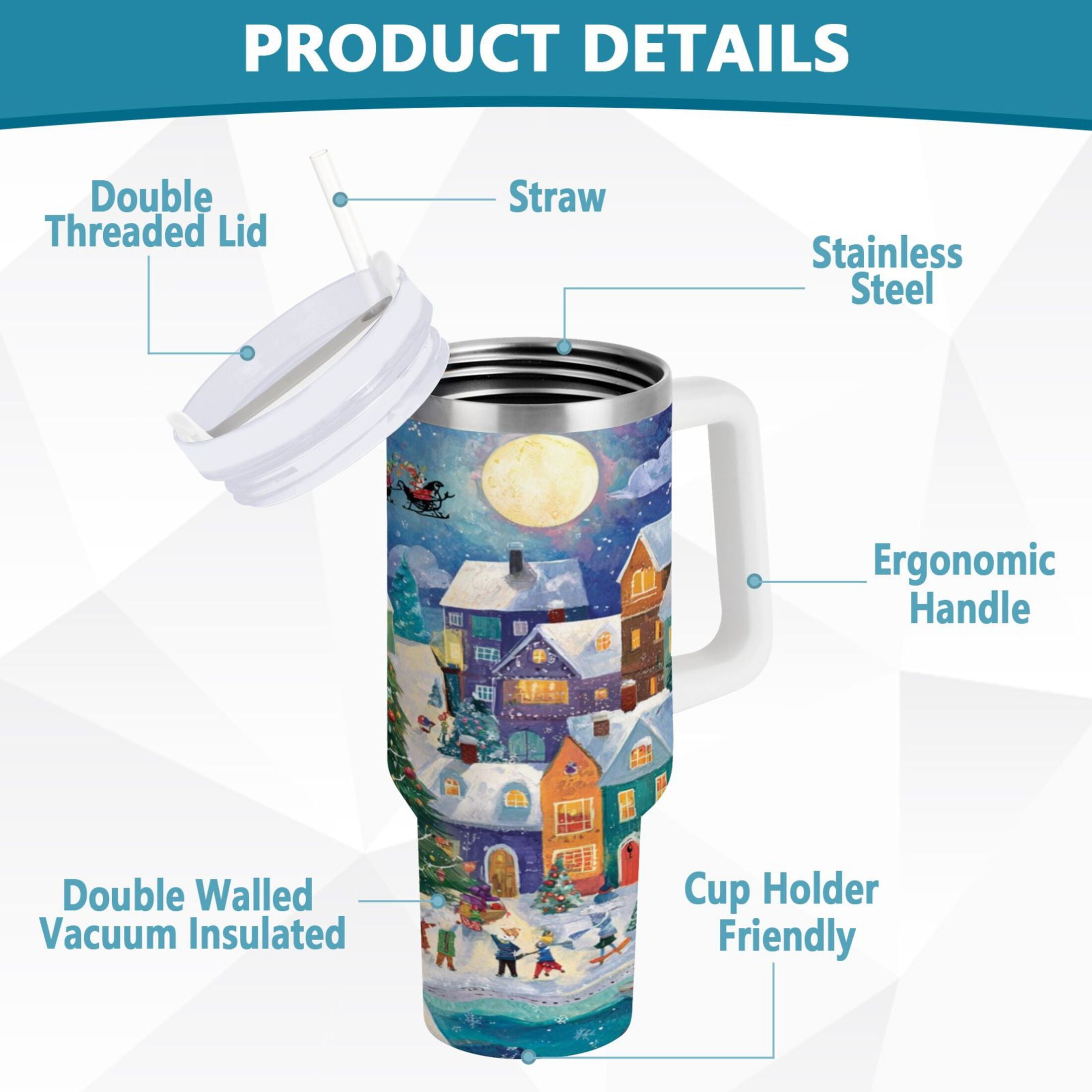 30 oz Insulated Stainless Steel Tumbler Double Wall Stainless Steel Tumbler with 2-Way Drinking Charming Christmas Scene RUU3