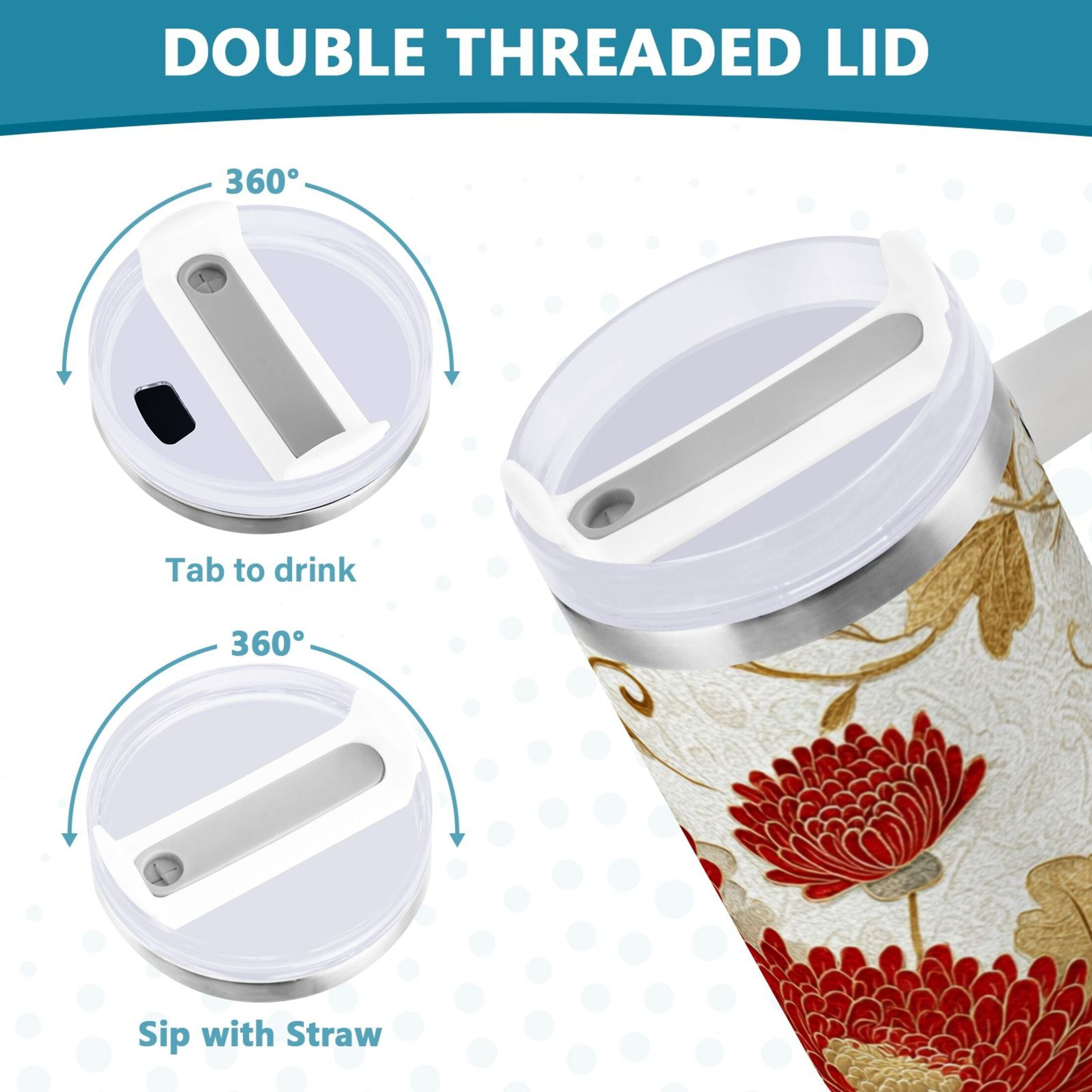 30 oz Insulated Stainless Steel Tumbler Double Wall Stainless Steel Tumbler with 2-Way Drinking Red Chrysanthemum Pattern R1OZ