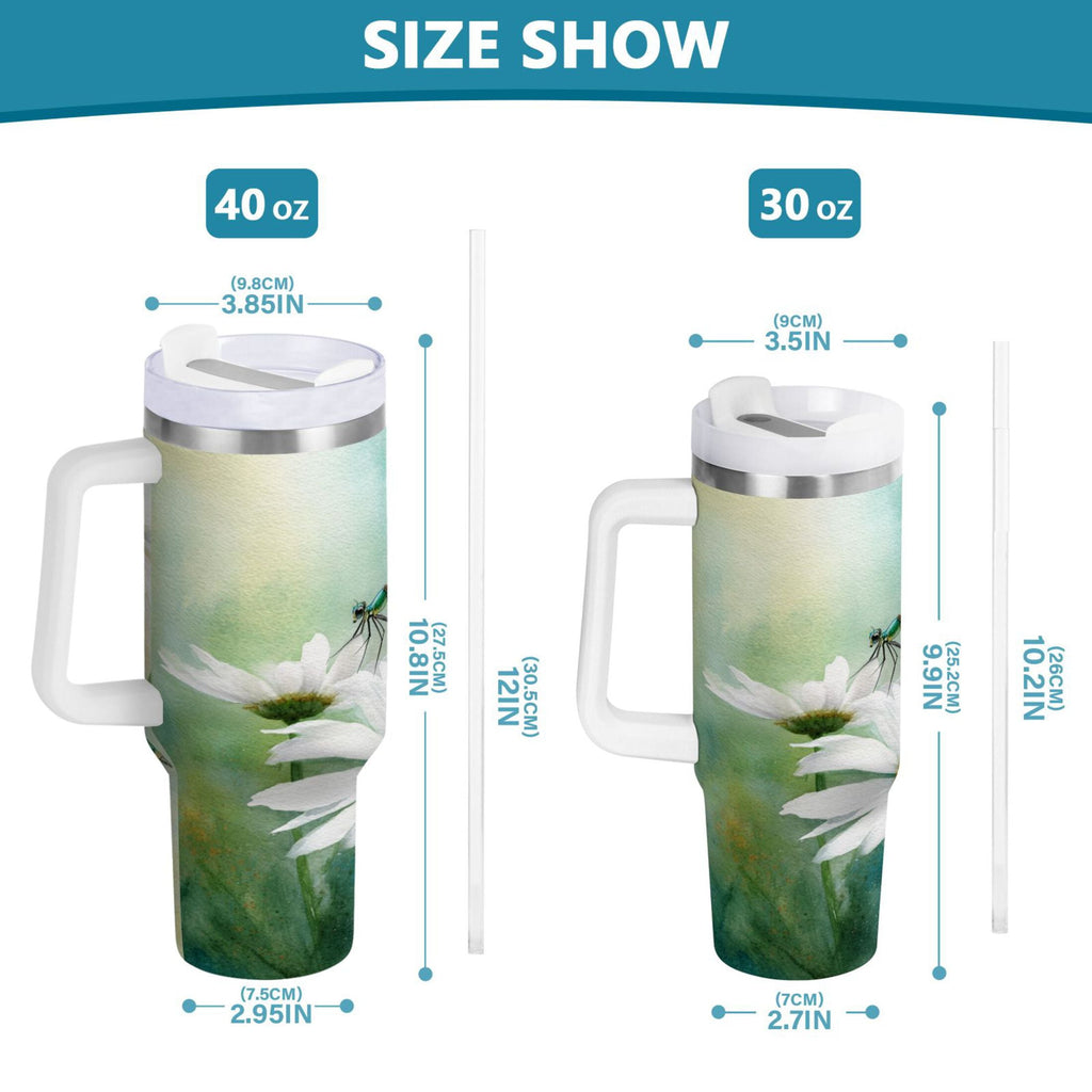 30 oz Insulated Stainless Steel Tumbler Double Wall Stainless Steel Tumbler with 2-Way Drinking Beautiful Dragonflies and Daisies SXTZ