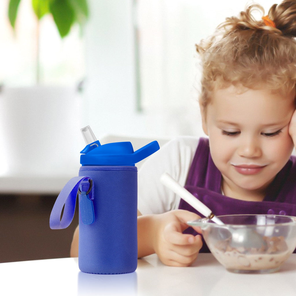 Linkidea Water Bottle Sleeve Compatible with CamelBak Eddy+ Tritan 14oz, Steel 12oz Kids Bottle, Waterbottle Holder Bag with Name Tag, Navy Blue GQSQ