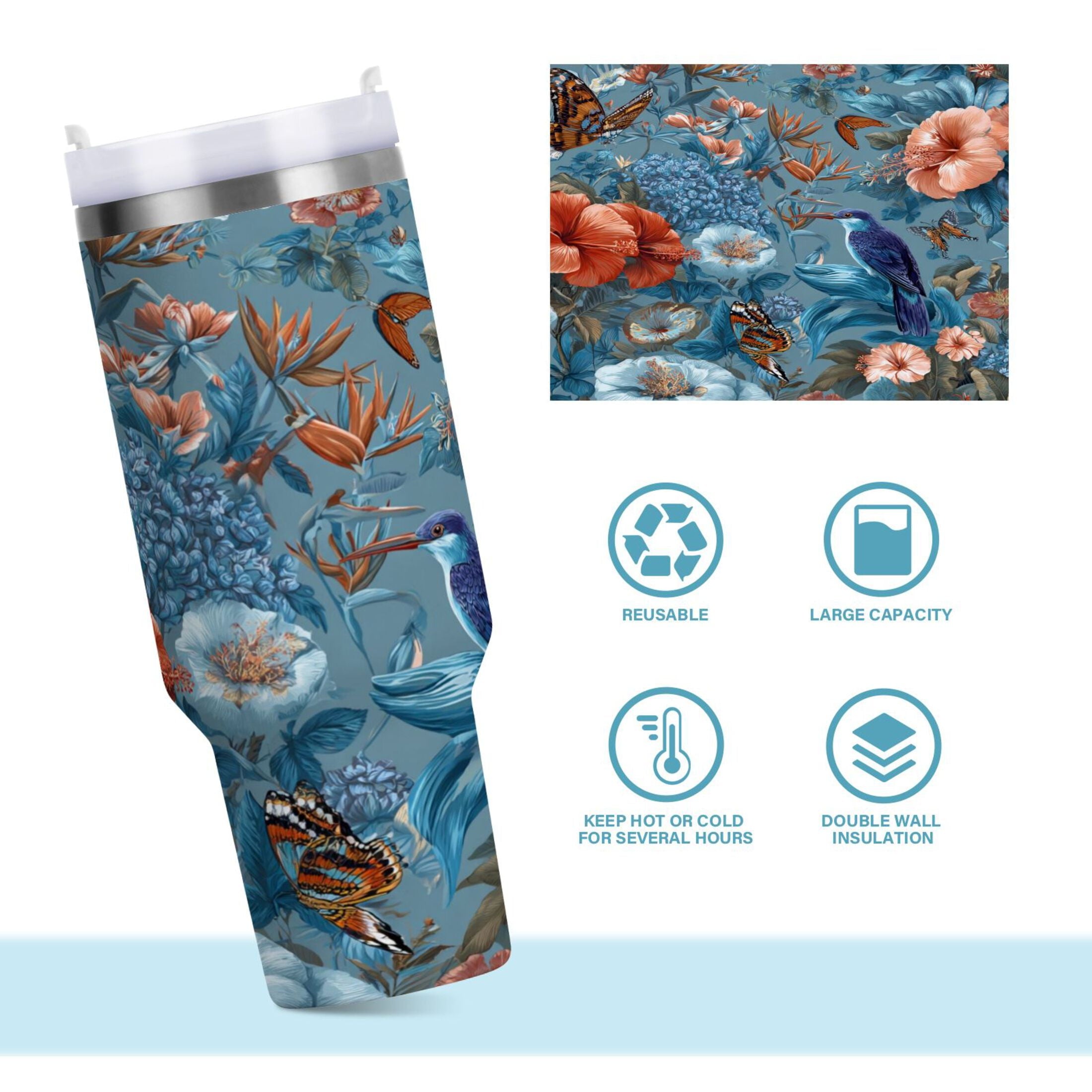 30 oz Insulated Stainless Steel Tumbler Double Wall Stainless Steel Tumbler with 2-Way Drinking Birds and Flowers XLNP