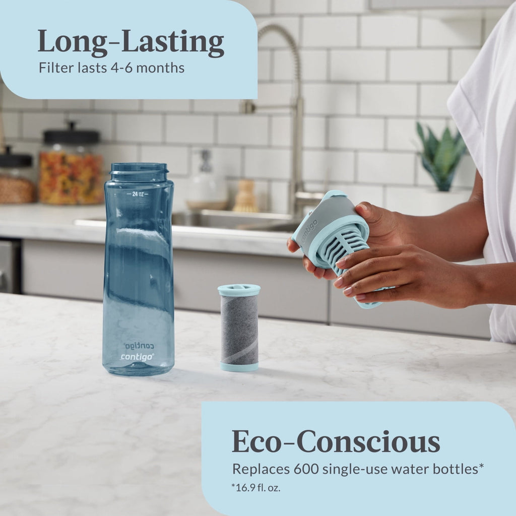 (2 pack) Contigo Clybourn Plastic FreeFlow Filter Water Bottle with AUTOSEAL Lid 24 oz., Dark Ice, with Replacable Filter DN1H
