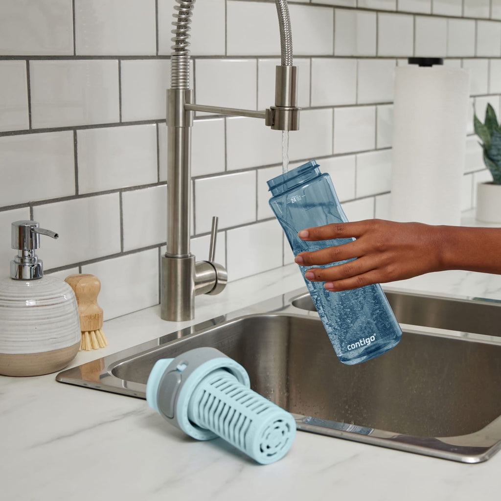 (2 pack) Contigo Clybourn Plastic FreeFlow Filter Water Bottle with AUTOSEAL Lid 24 oz., Dark Ice, with Replacable Filter DN1H