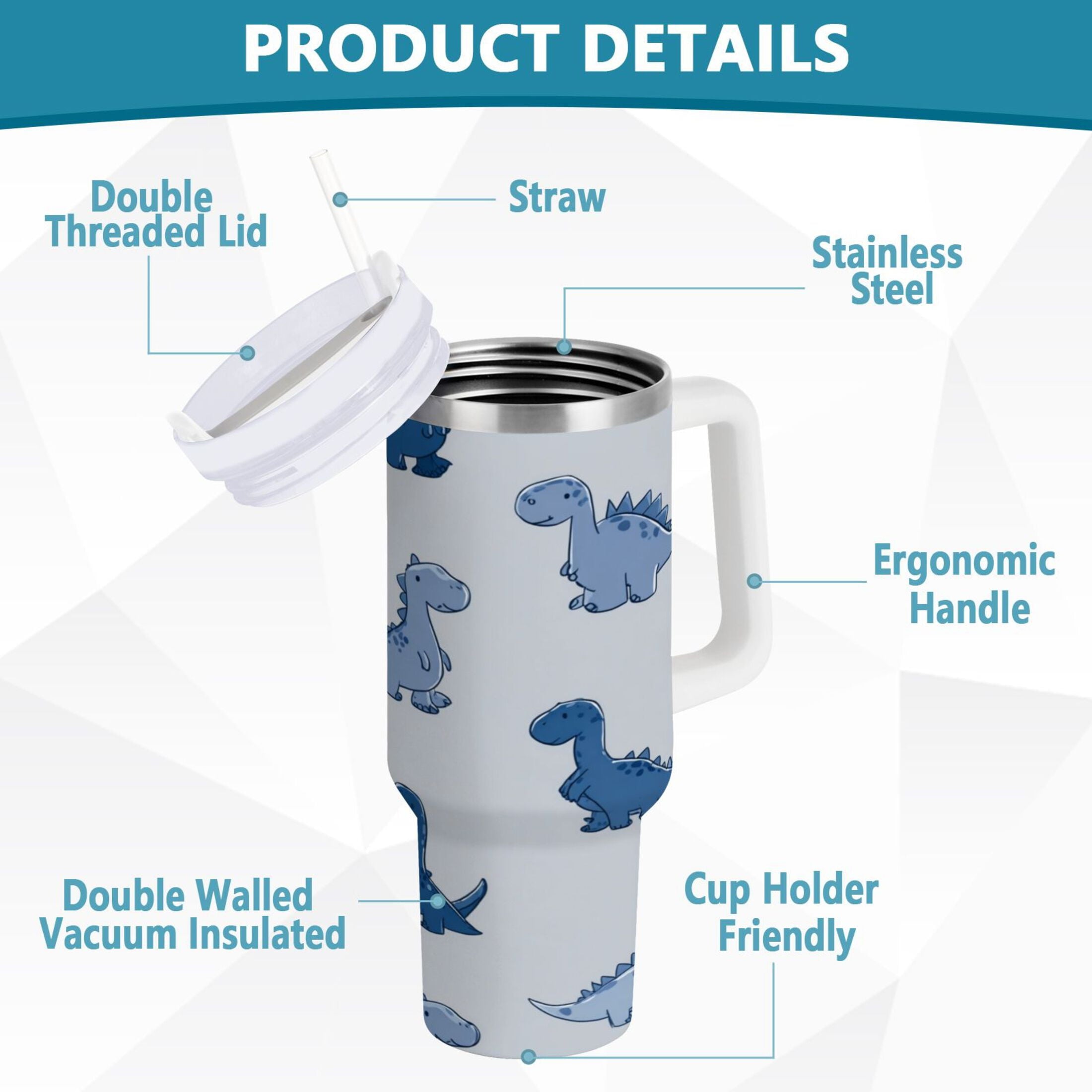 30 oz Insulated Stainless Steel Tumbler Double Wall Stainless Steel Tumbler with 2-Way Drinking Cute Blue Dinosaurs Q0BA