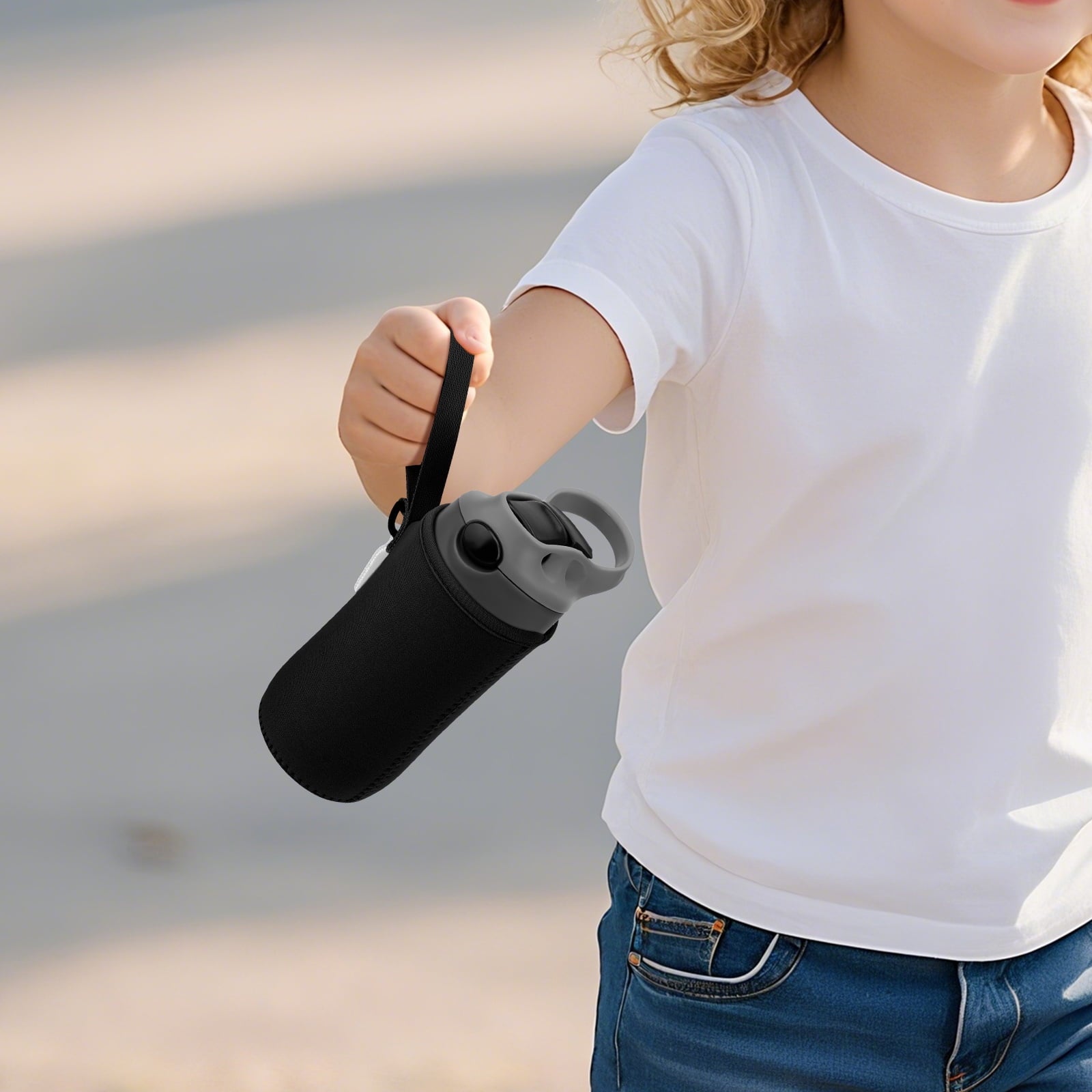 Linkidea Water Bottle Sleeve Compatible with Contigo Aubrey Tritan 14oz, Steel 13oz Kids Bottle, Waterbottle Holder Bag with Name Tag, Black MP1B