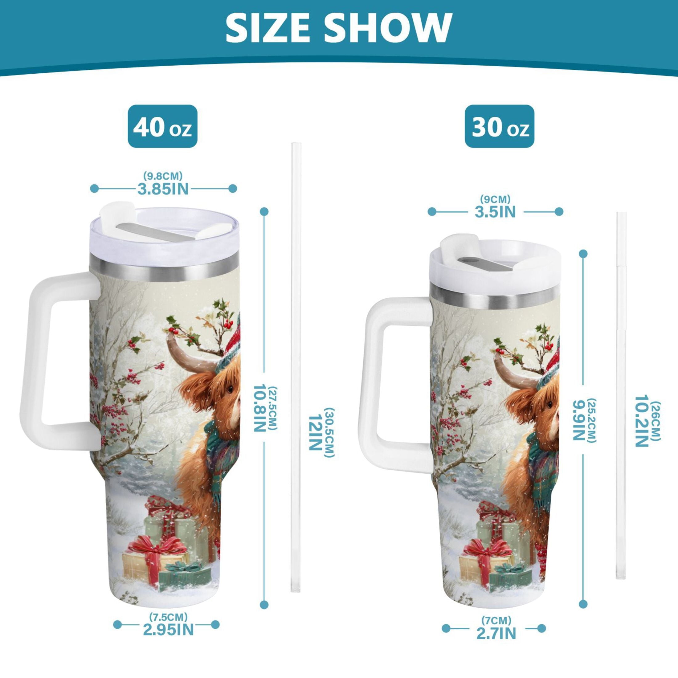 30 oz Insulated Stainless Steel Tumbler Double Wall Stainless Steel Tumbler with 2-Way Drinking Cow Wearing Christmas Hat ODCE