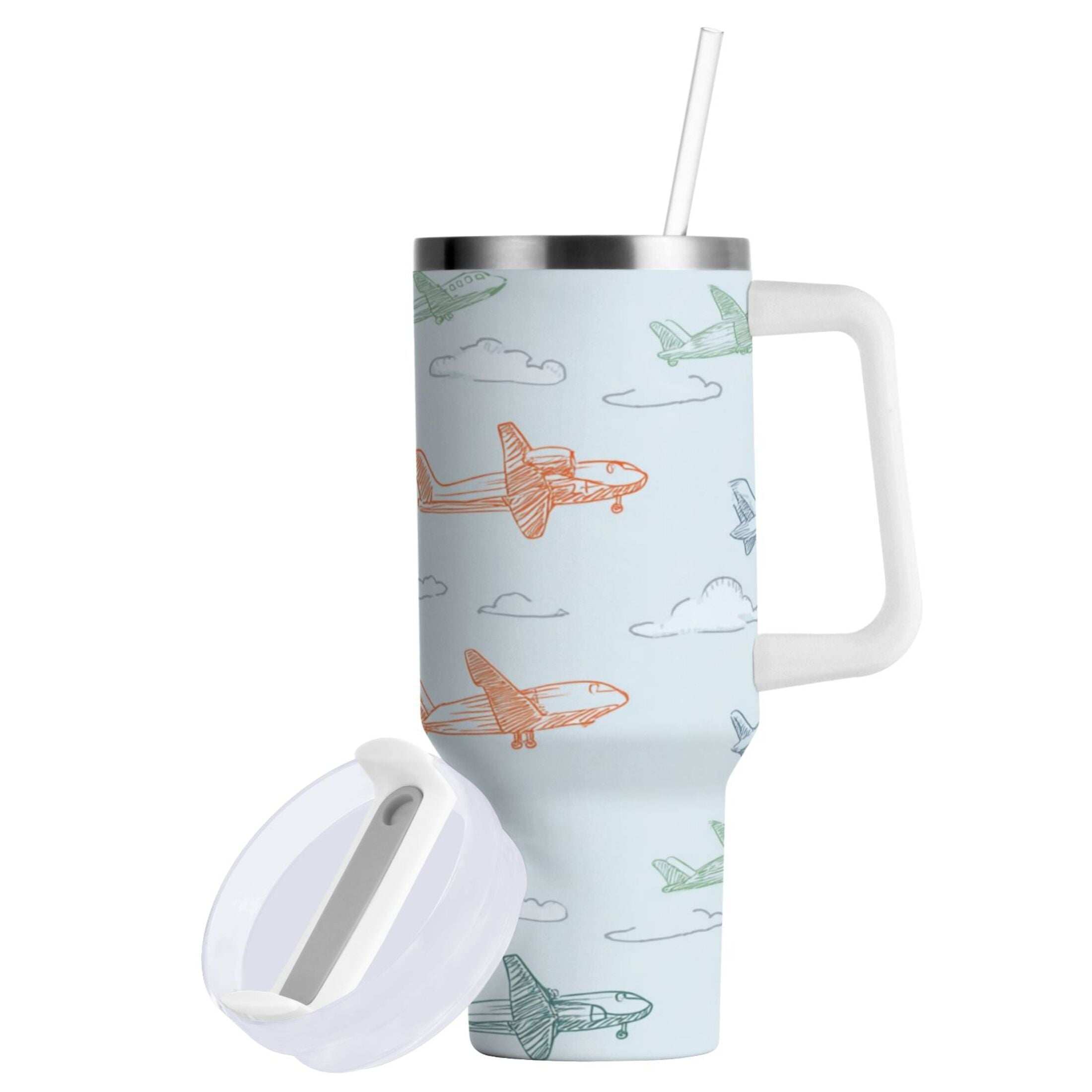 30 oz Insulated Stainless Steel Tumbler Double Wall Stainless Steel Tumbler with 2-Way Drinking Pastel Doodle Airplanes NJ7A