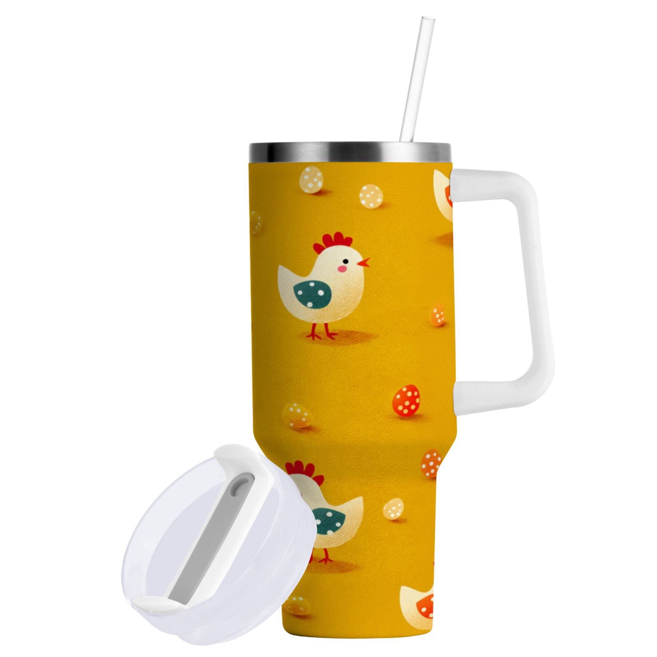 30 oz Insulated Stainless Steel Tumbler Double Wall Stainless Steel Tumbler with 2-Way Drinking Cartoon Chickens Pattern QI75