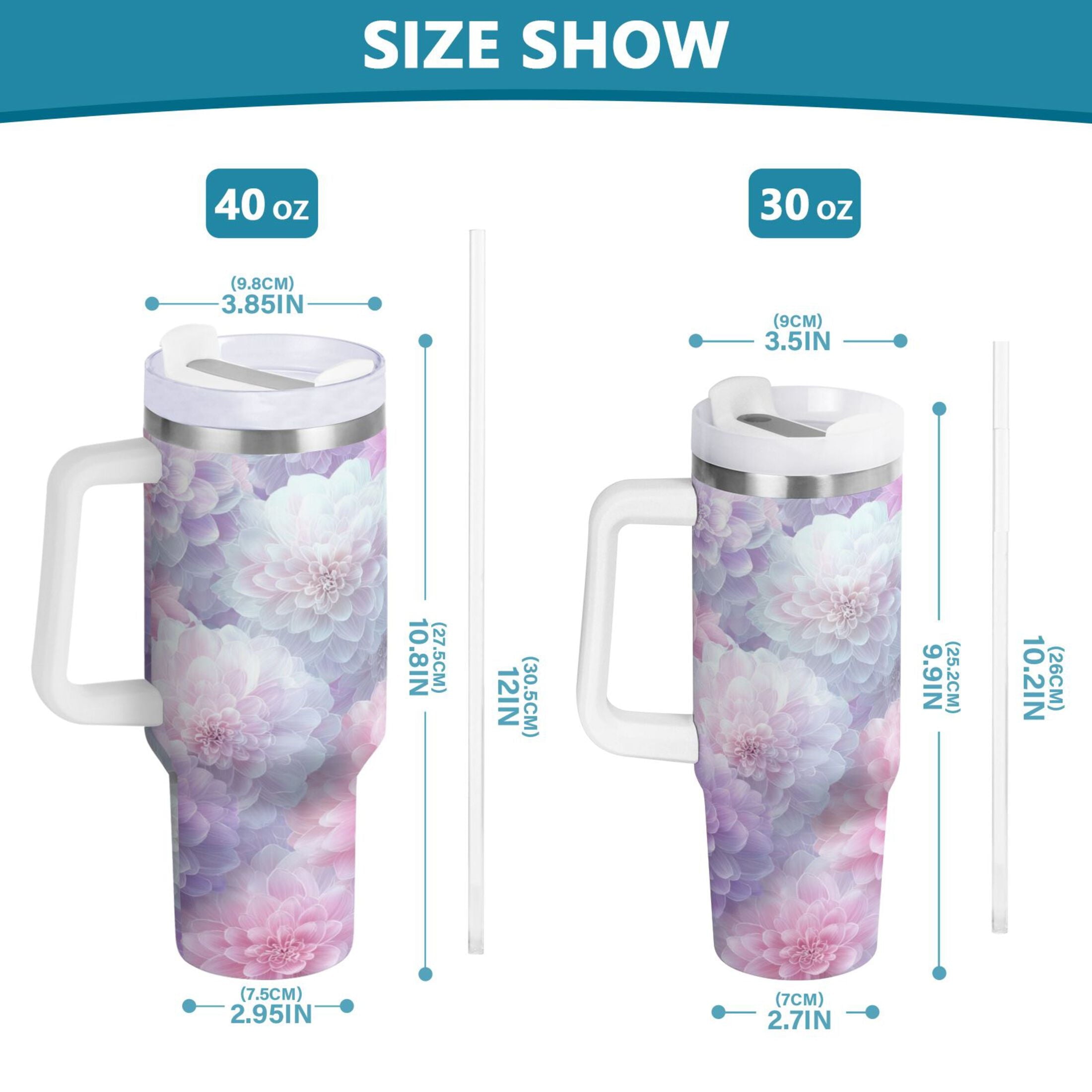 30 oz Insulated Stainless Steel Tumbler Double Wall Stainless Steel Tumbler with 2-Way Drinking Cute Pastel Watercolor Floral KG54