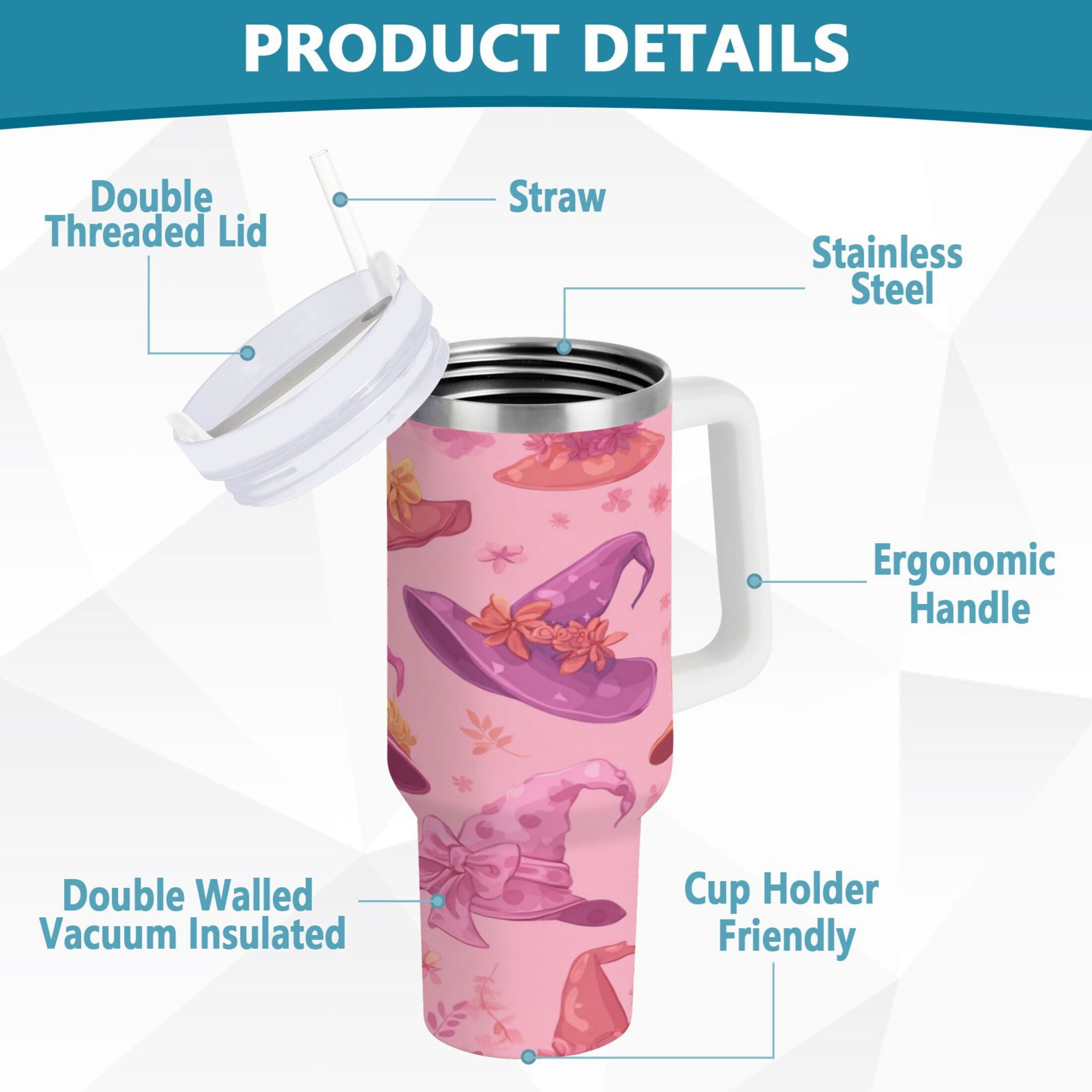 30 oz Insulated Stainless Steel Tumbler Double Wall Stainless Steel Tumbler with 2-Way Drinking Colorful Hat Pattern RWP1