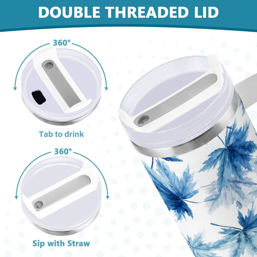 30 oz Insulated Stainless Steel Tumbler Double Wall Stainless Steel Tumbler with 2-Way Drinking Abstract Blue Maple Leaves 95MR