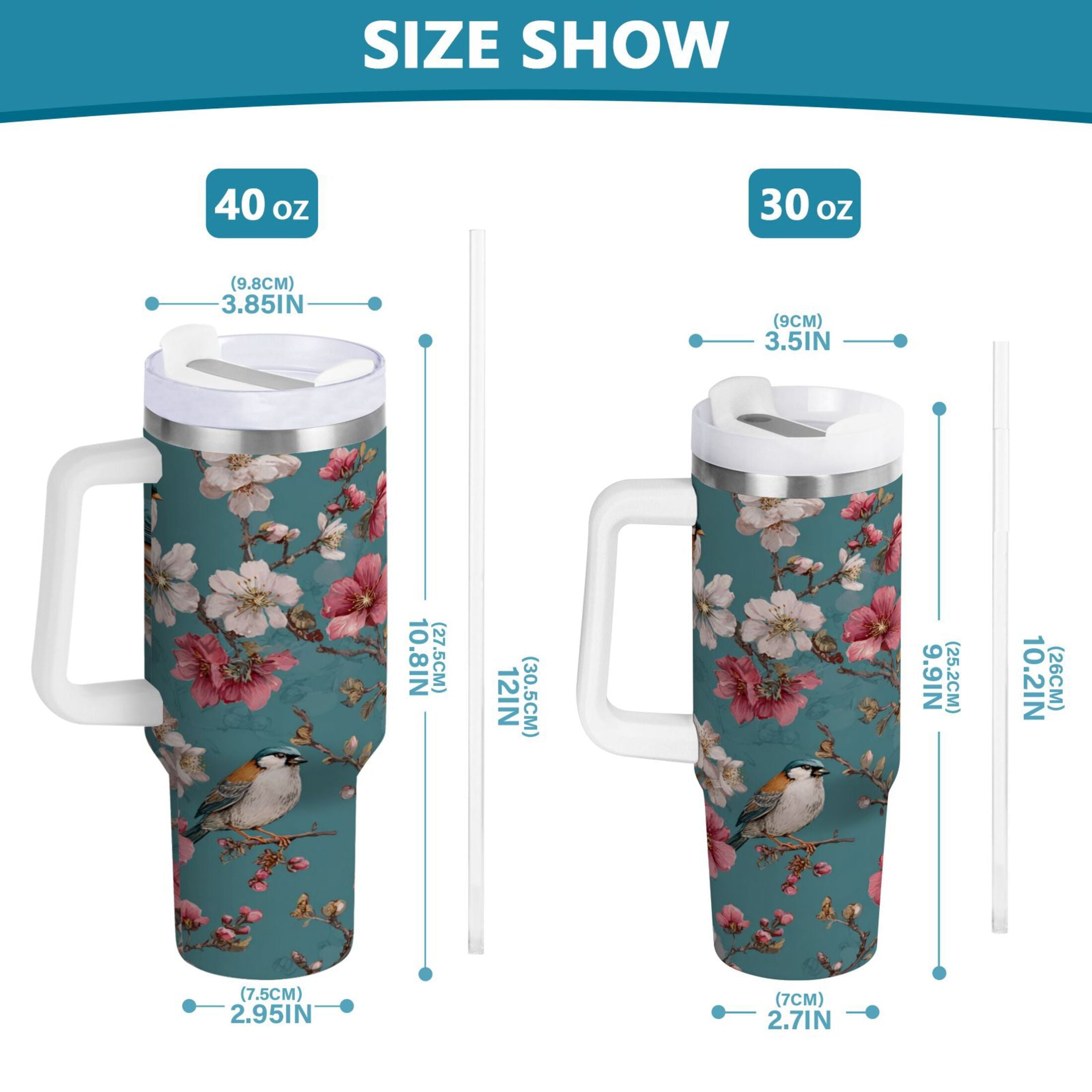 30 oz Insulated Stainless Steel Tumbler Double Wall Stainless Steel Tumbler with 2-Way Drinking Birds and Cherry Pattern 8ZIO