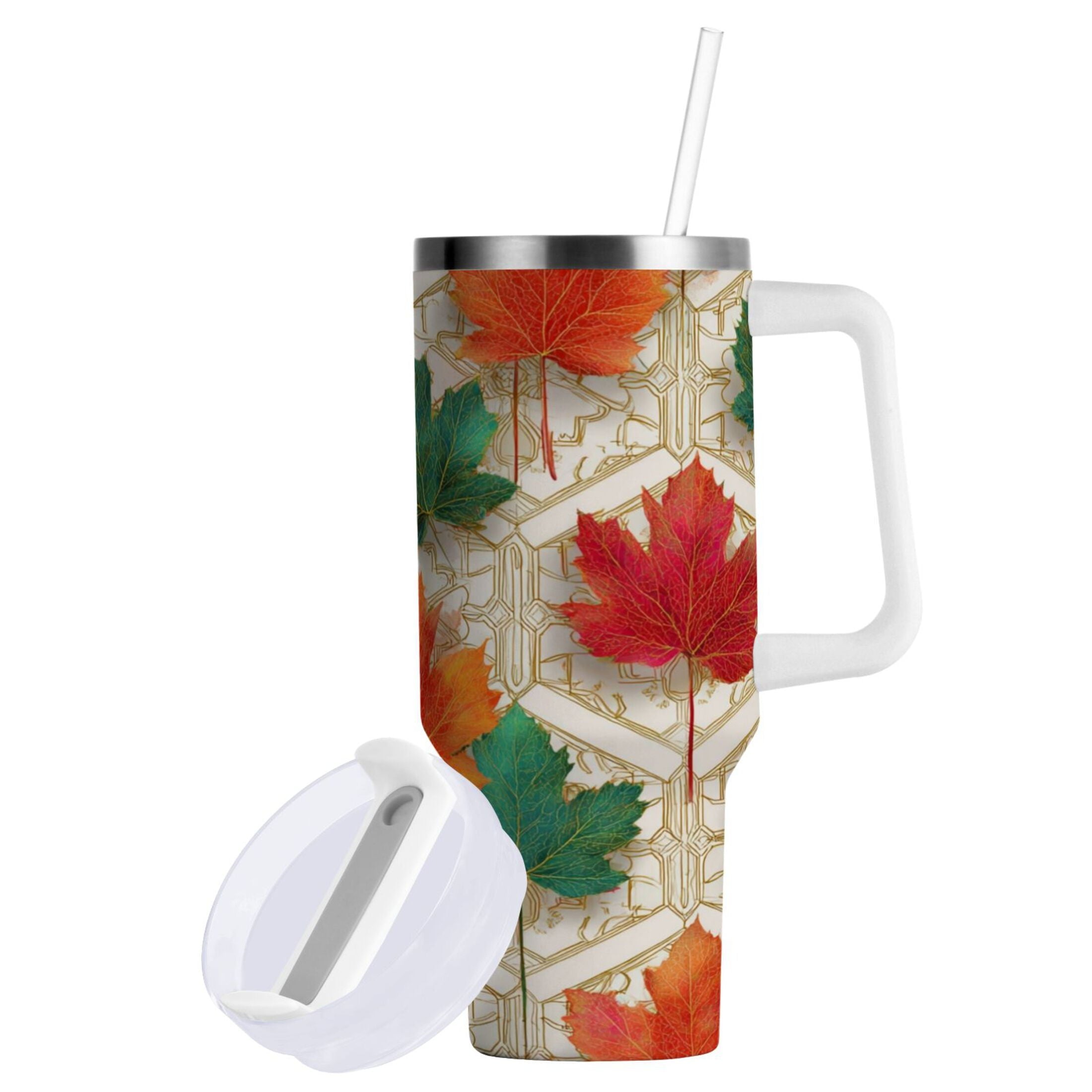 30 oz Insulated Stainless Steel Tumbler Double Wall Stainless Steel Tumbler with 2-Way Drinking Green and Red Maple Leaves QXN7