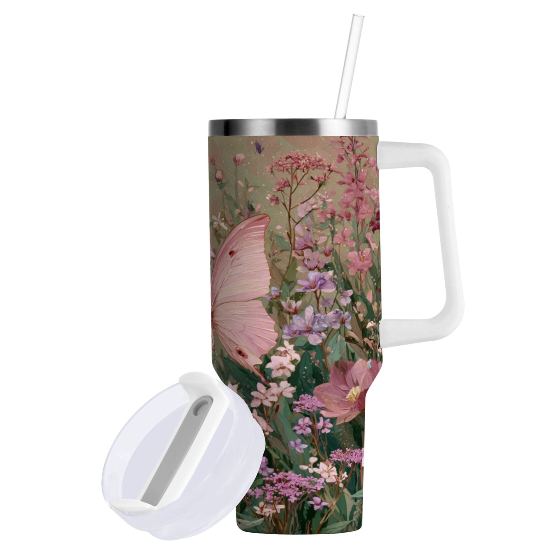 30 oz Insulated Stainless Steel Tumbler Double Wall Stainless Steel Tumbler with 2-Way Drinking Delicate Butterfly DBKC