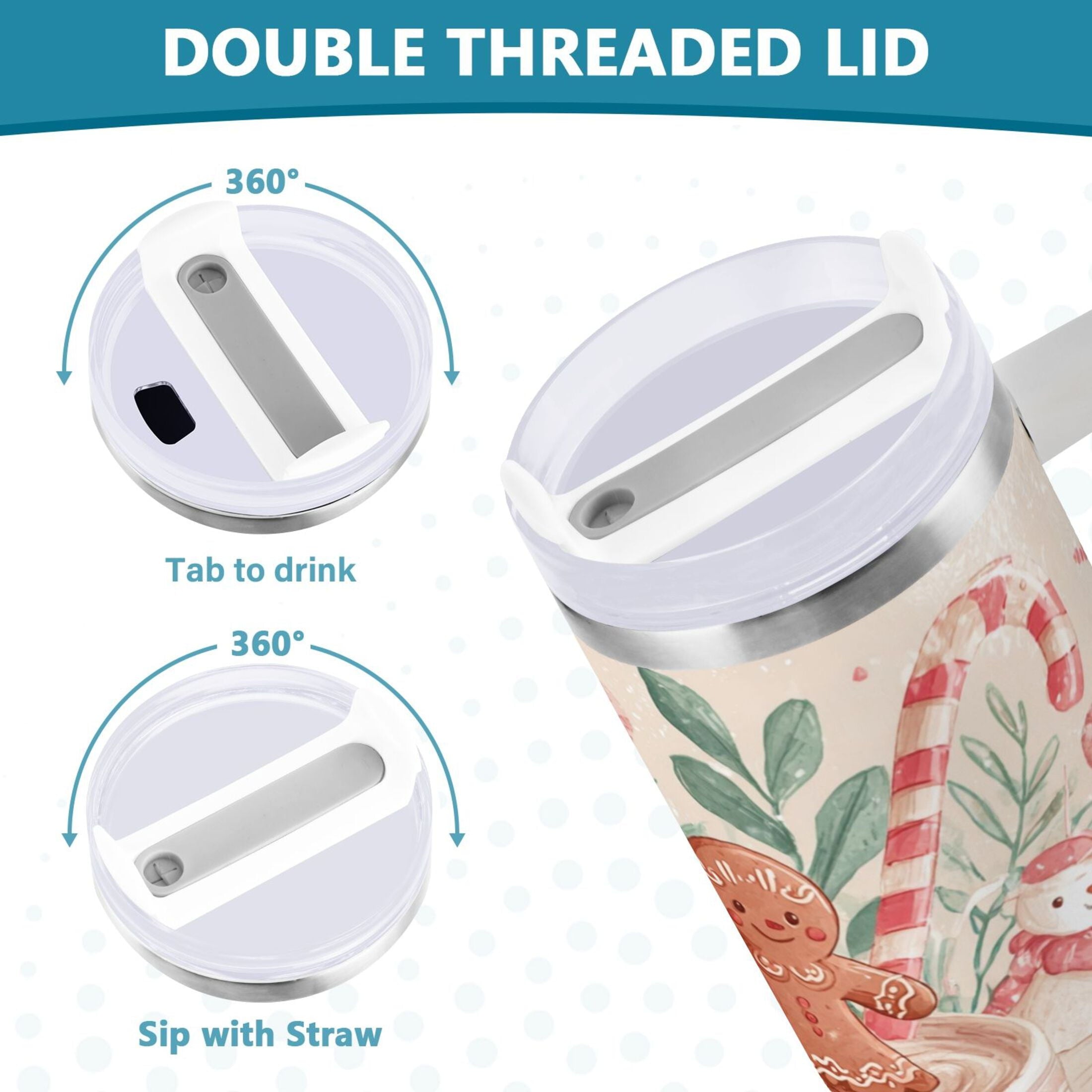 30 oz Insulated Stainless Steel Tumbler Double Wall Stainless Steel Tumbler with 2-Way Drinking Cute Christmas Design HF9R