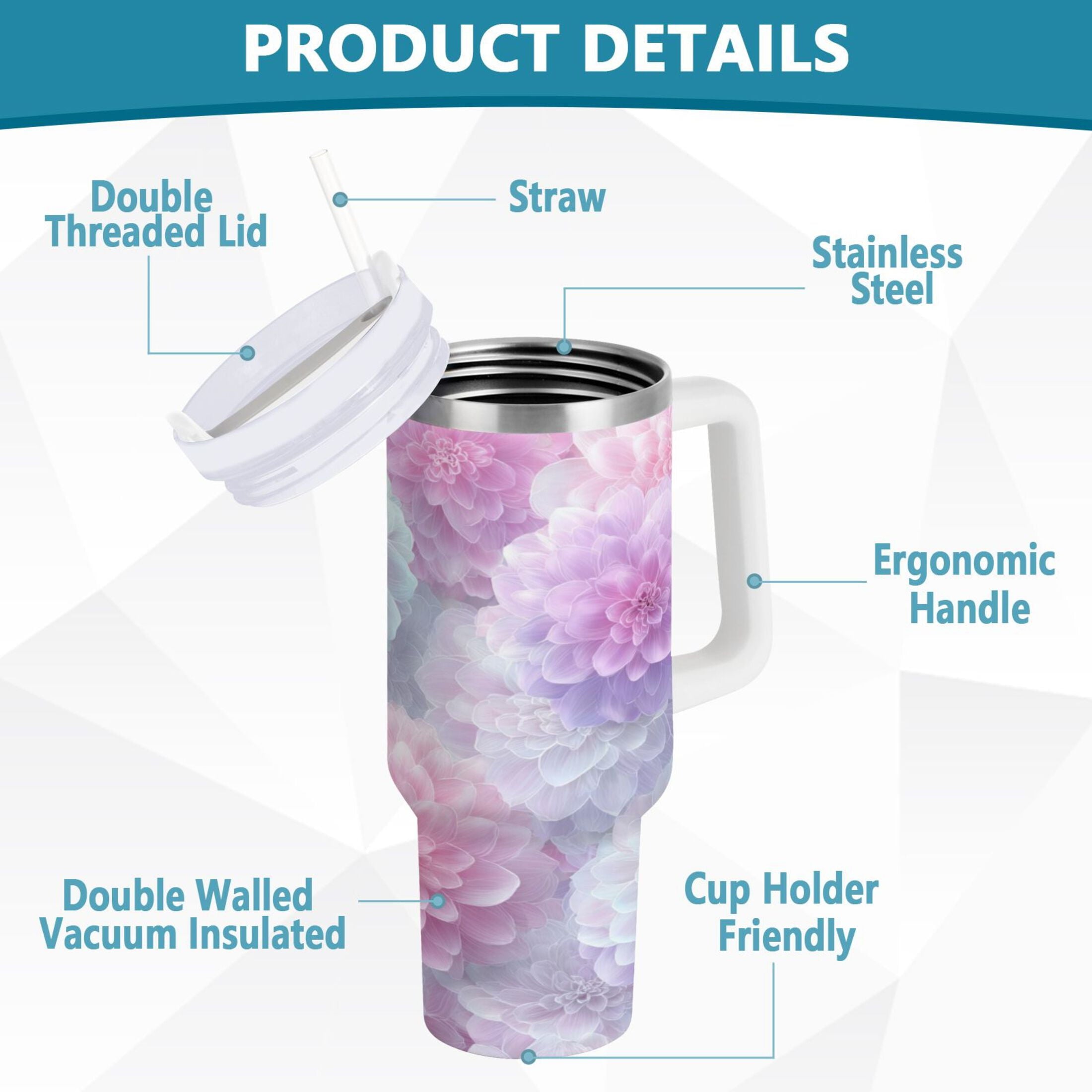 30 oz Insulated Stainless Steel Tumbler Double Wall Stainless Steel Tumbler with 2-Way Drinking Cute Pastel Watercolor Floral KG54