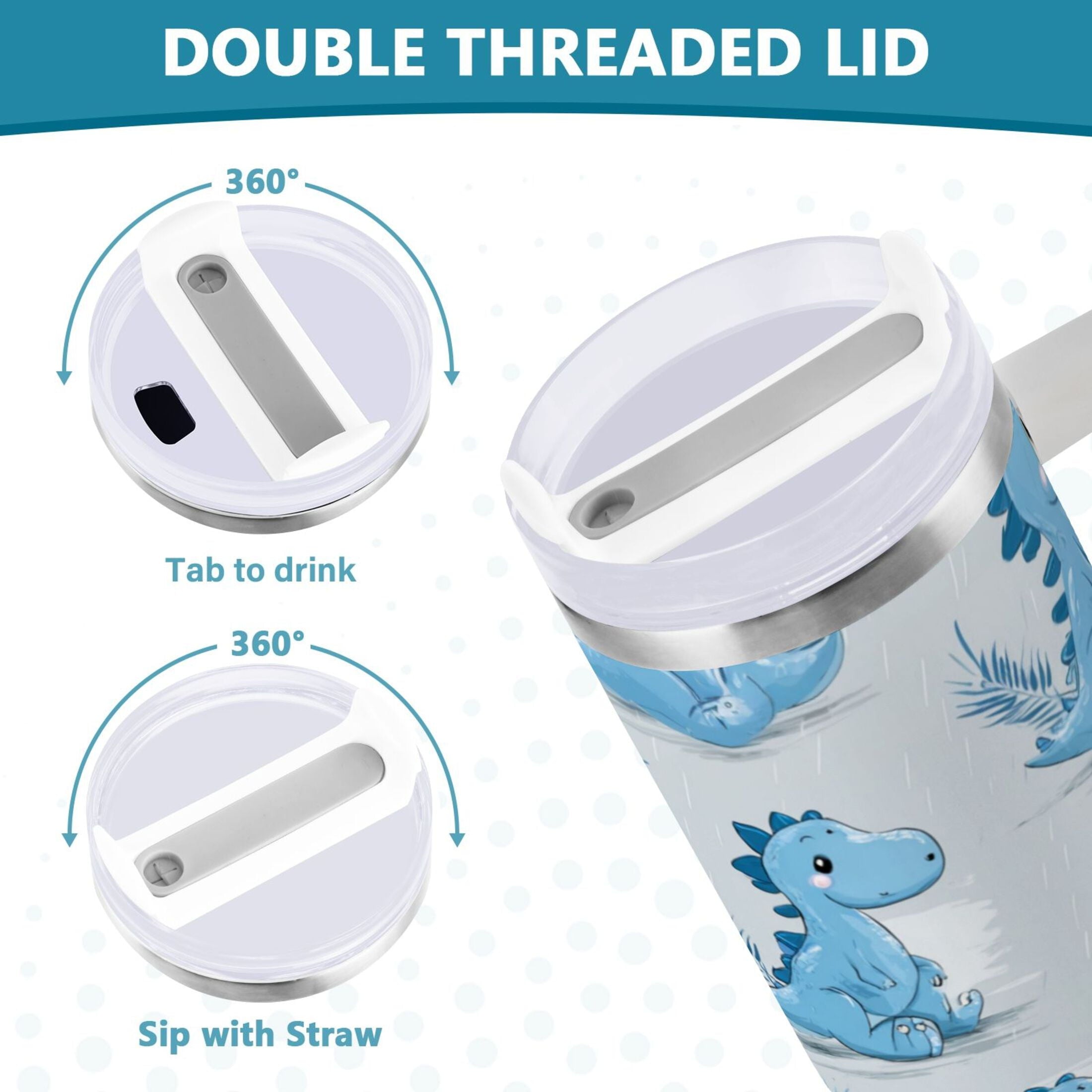 30 oz Insulated Stainless Steel Tumbler Double Wall Stainless Steel Tumbler with 2-Way Drinking Cartoon Blue Dinosaurs GUUO