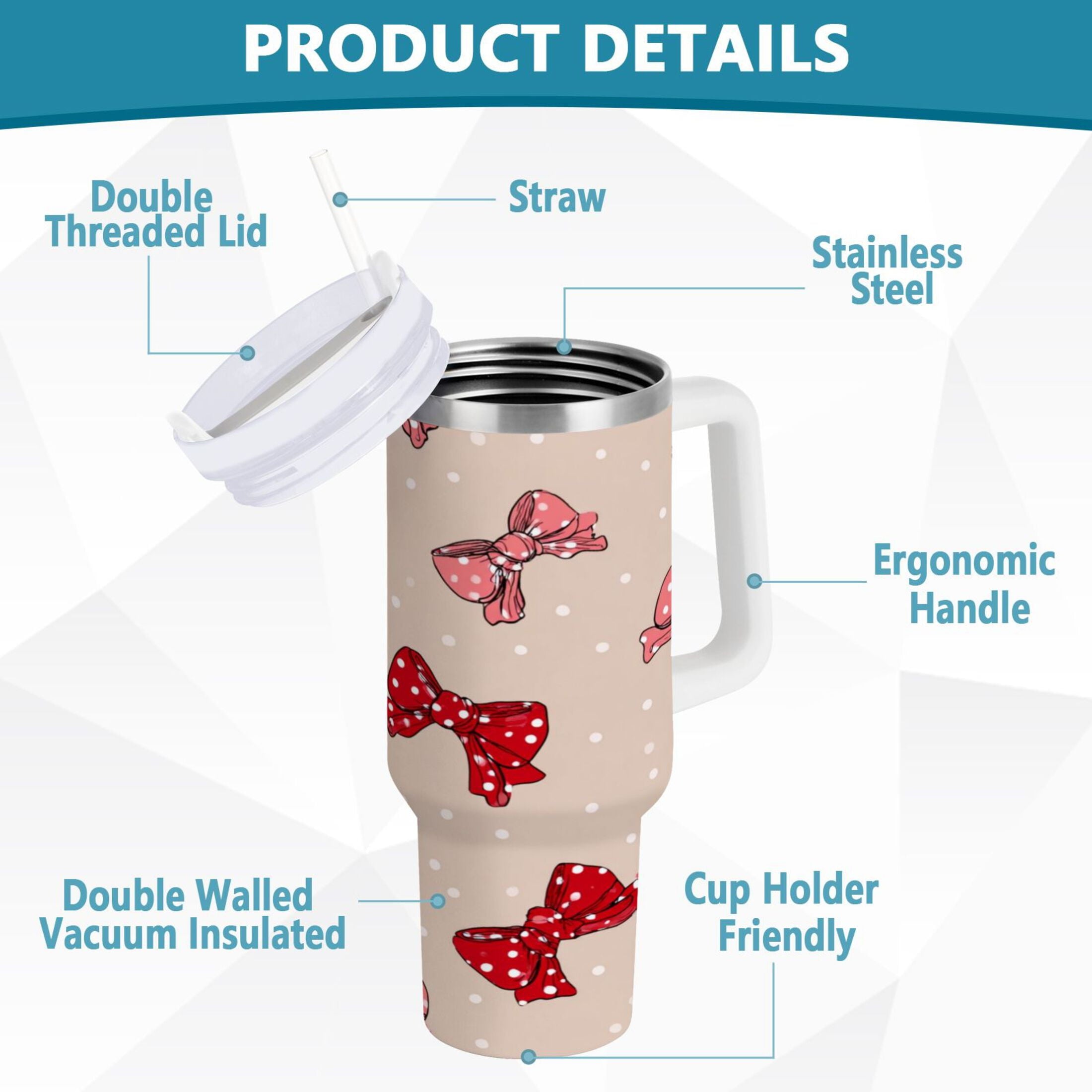 30 oz Insulated Stainless Steel Tumbler Double Wall Stainless Steel Tumbler with 2-Way Drinking Cute Red Bows Pattern U3TM