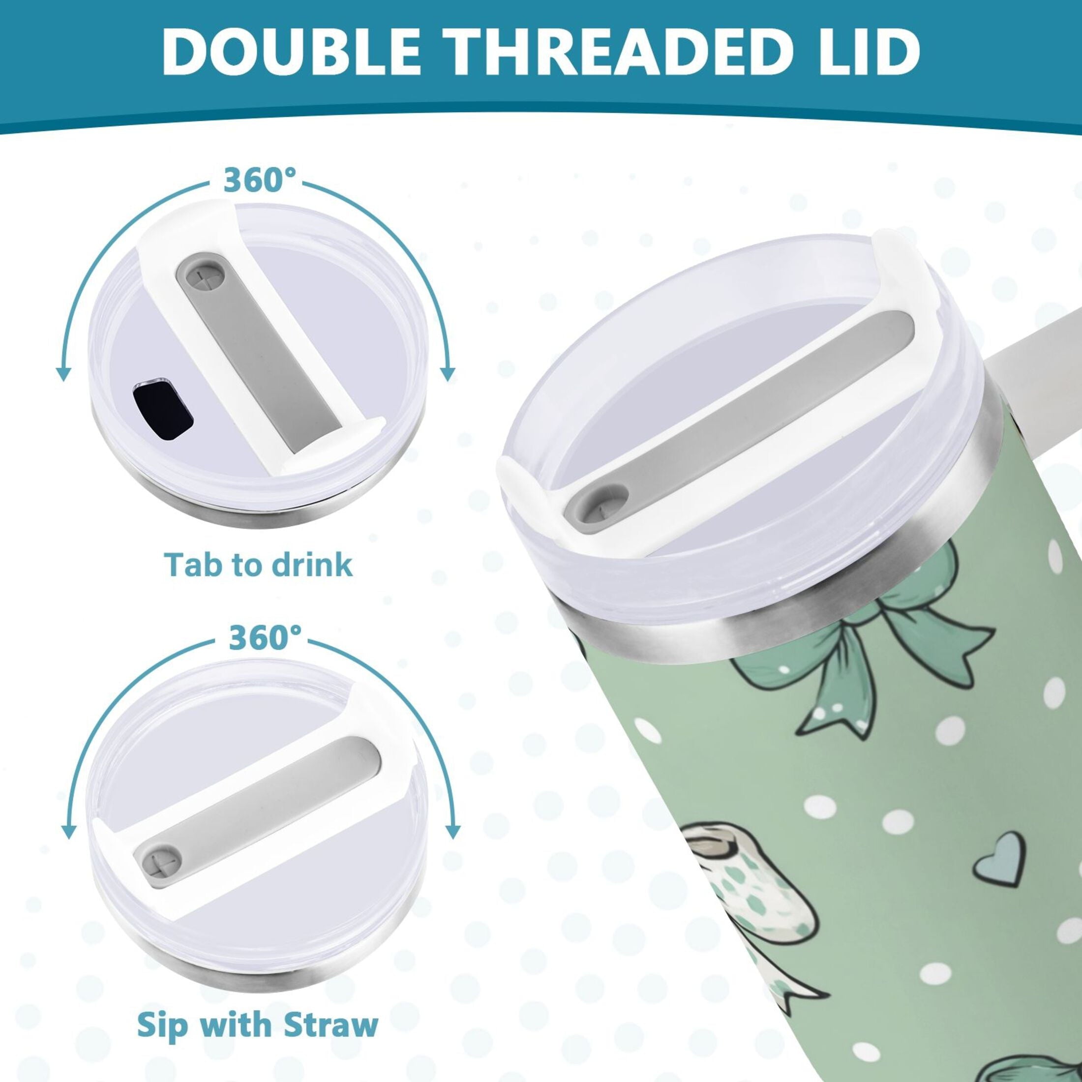 30 oz Insulated Stainless Steel Tumbler Double Wall Stainless Steel Tumbler with 2-Way Drinking Green and Mint Bows S96K