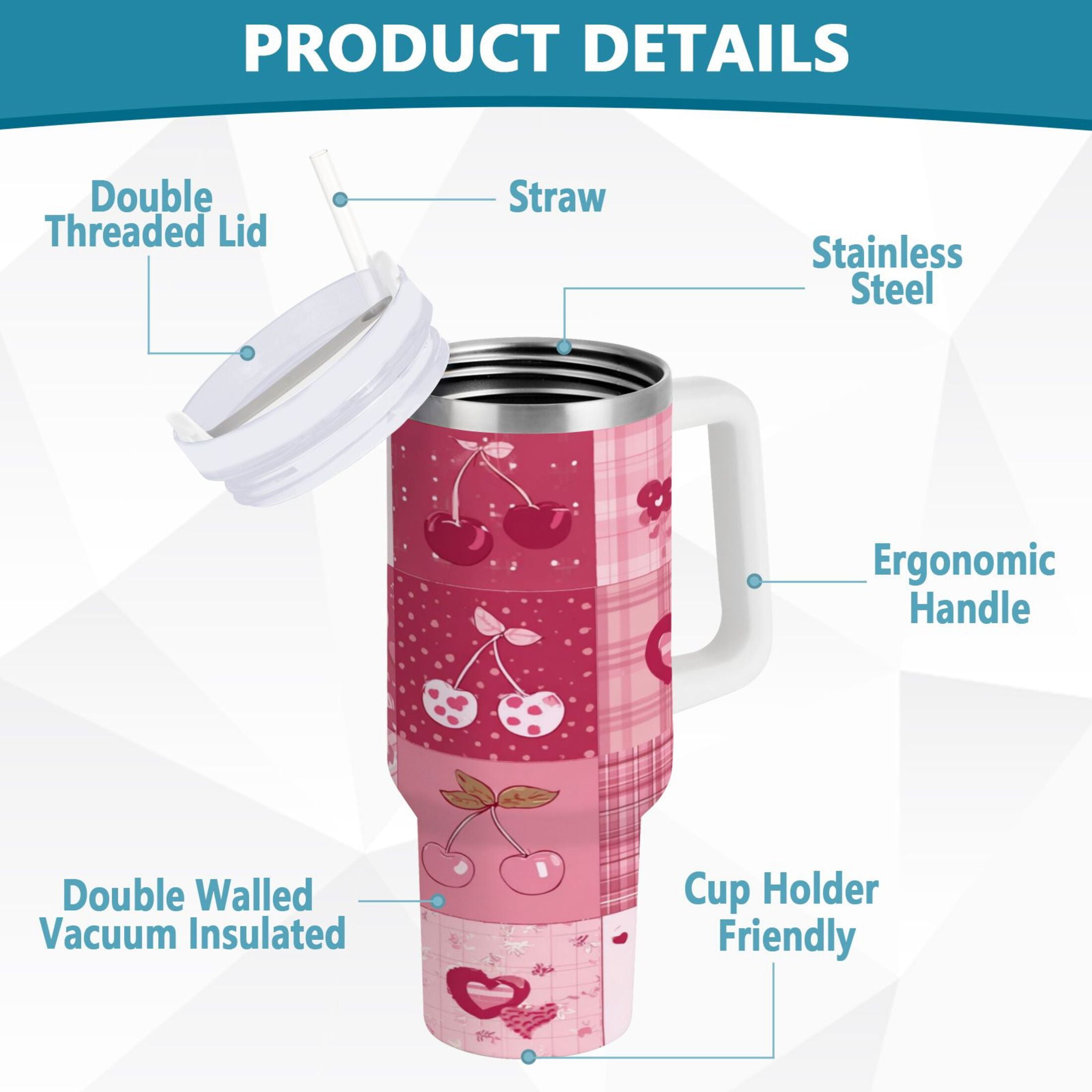 30 oz Insulated Stainless Steel Tumbler Double Wall Stainless Steel Tumbler with 2-Way Drinking Cherry Pattern with Bows B6Y5