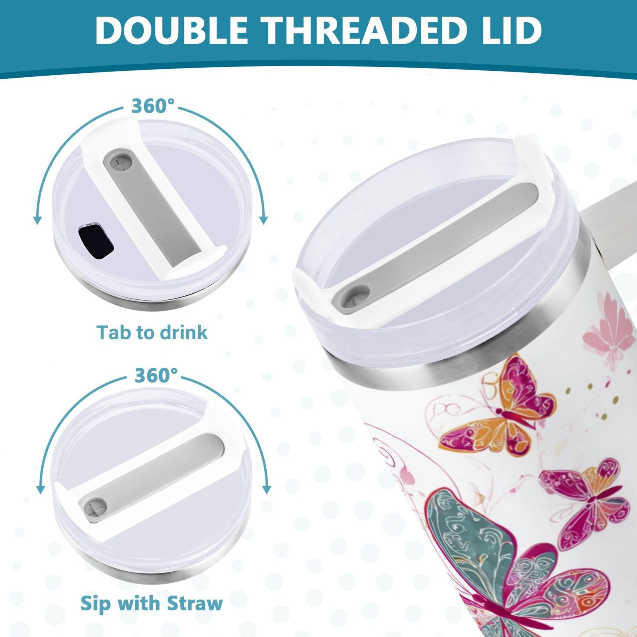 30 oz Insulated Stainless Steel Tumbler Double Wall Stainless Steel Tumbler with 2-Way Drinking Colorful Butterflies IF9M