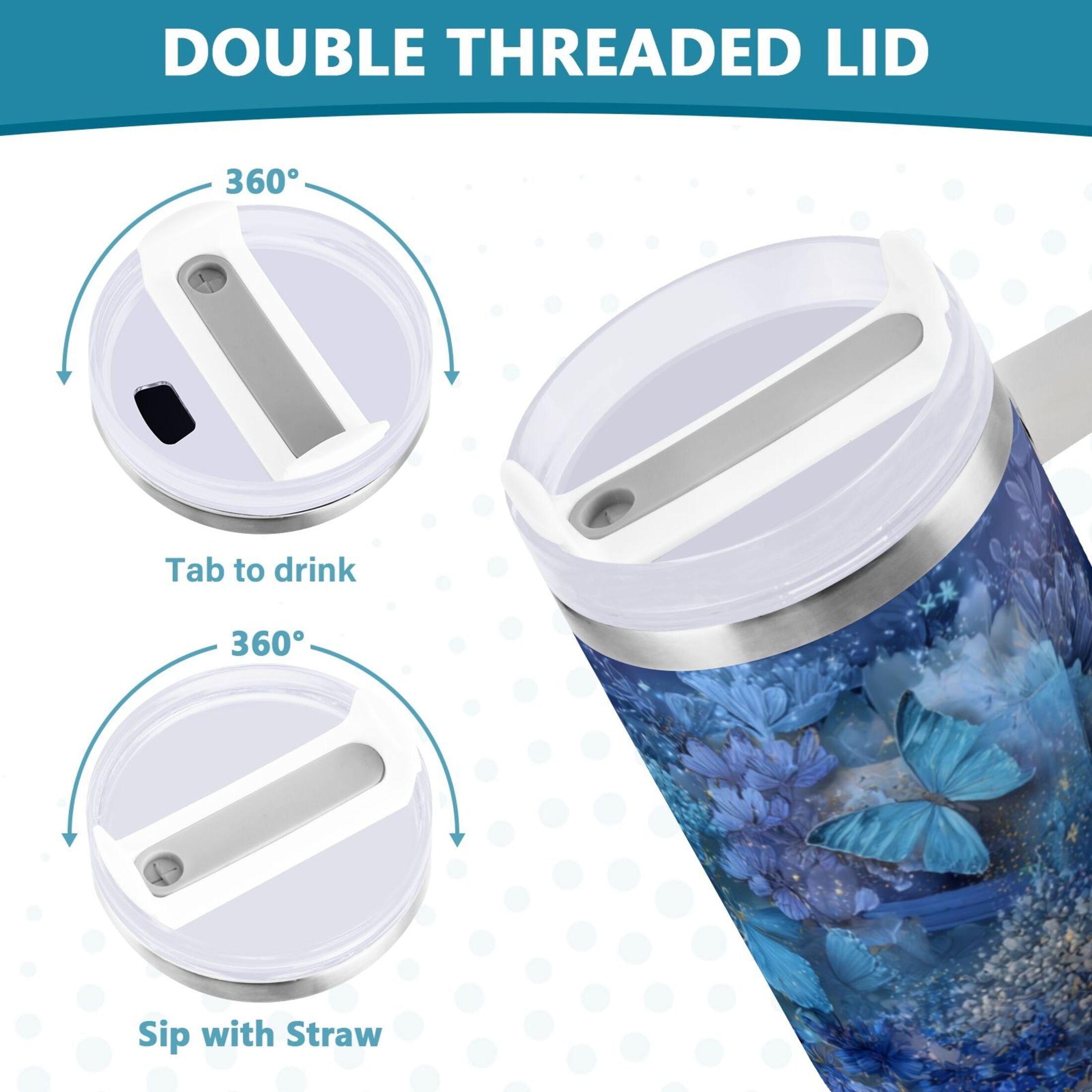30 oz Insulated Stainless Steel Tumbler Double Wall Stainless Steel Tumbler with 2-Way Drinking Butterflies Books and Flowers UUNP