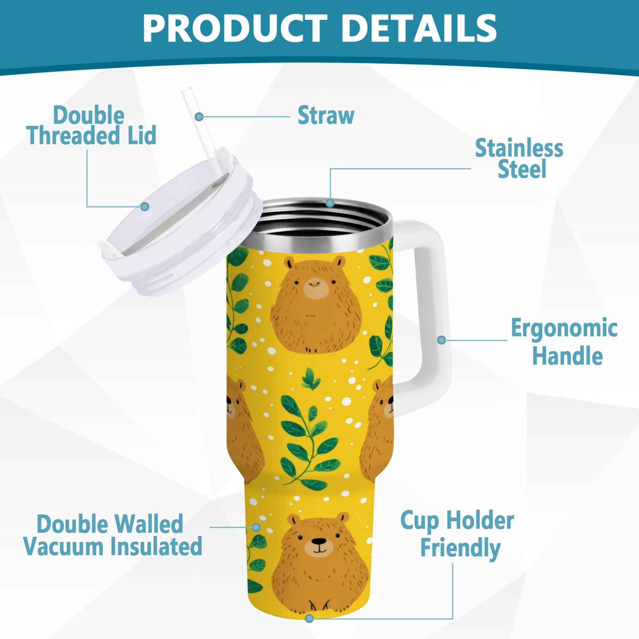 30 oz Insulated Stainless Steel Tumbler Double Wall Stainless Steel Tumbler with 2-Way Drinking Capybara and Green Leaves EDKJ