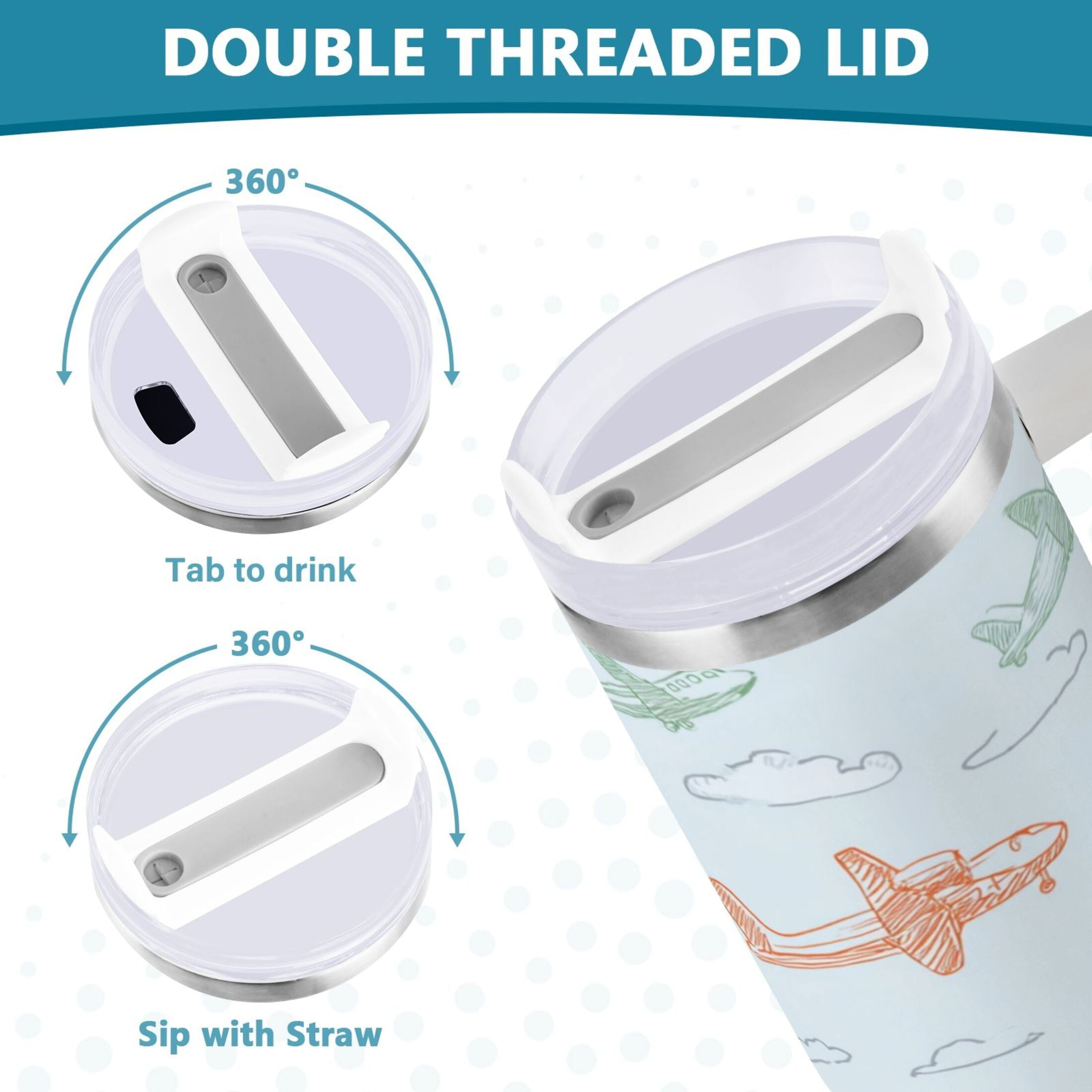 30 oz Insulated Stainless Steel Tumbler Double Wall Stainless Steel Tumbler with 2-Way Drinking Pastel Doodle Airplanes NJ7A