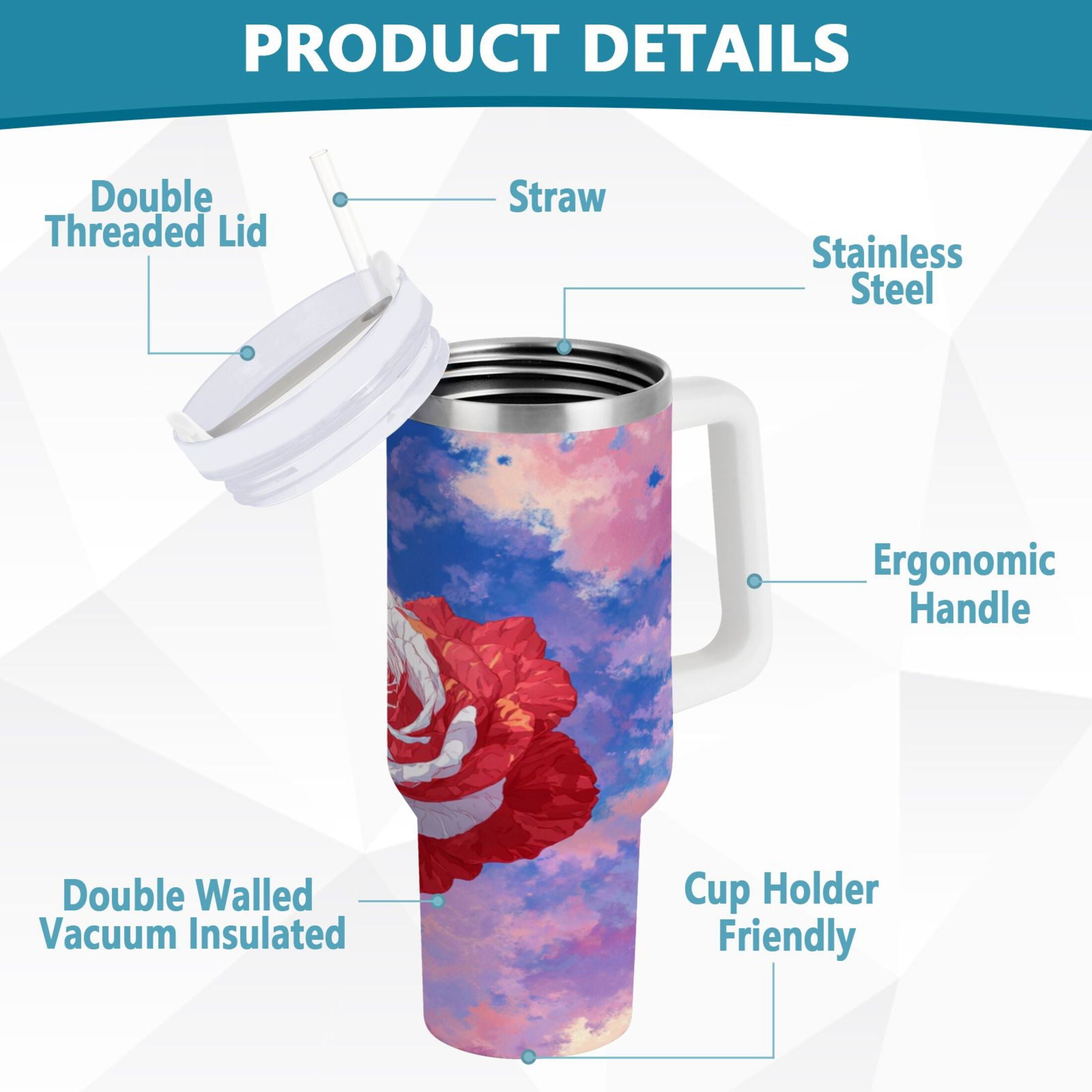 30 oz Insulated Stainless Steel Tumbler Double Wall Stainless Steel Tumbler with 2-Way Drinking Rose with Flag Pattern BF3O