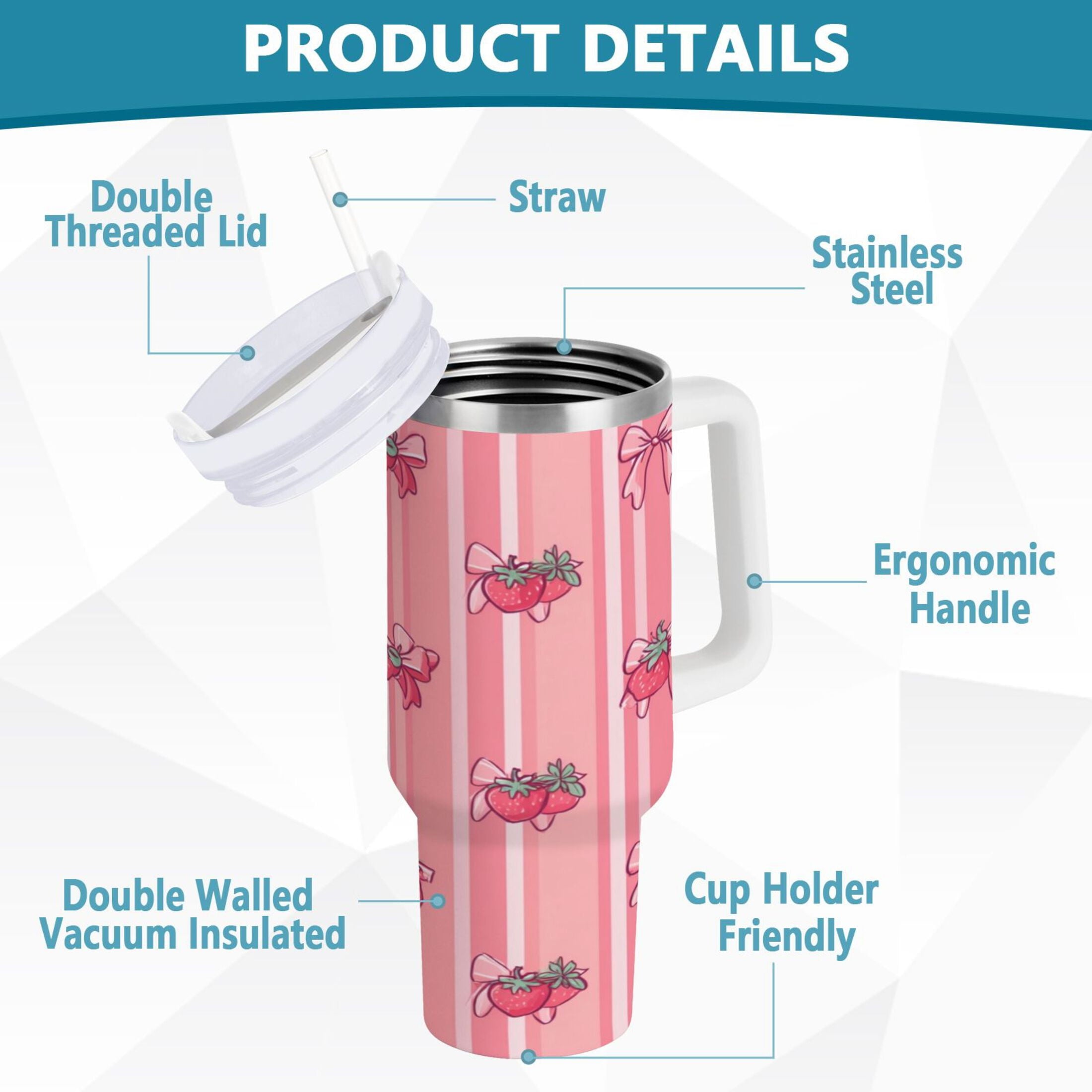 30 oz Insulated Stainless Steel Tumbler Double Wall Stainless Steel Tumbler with 2-Way Drinking Pink Bows and Strawberries AFBT