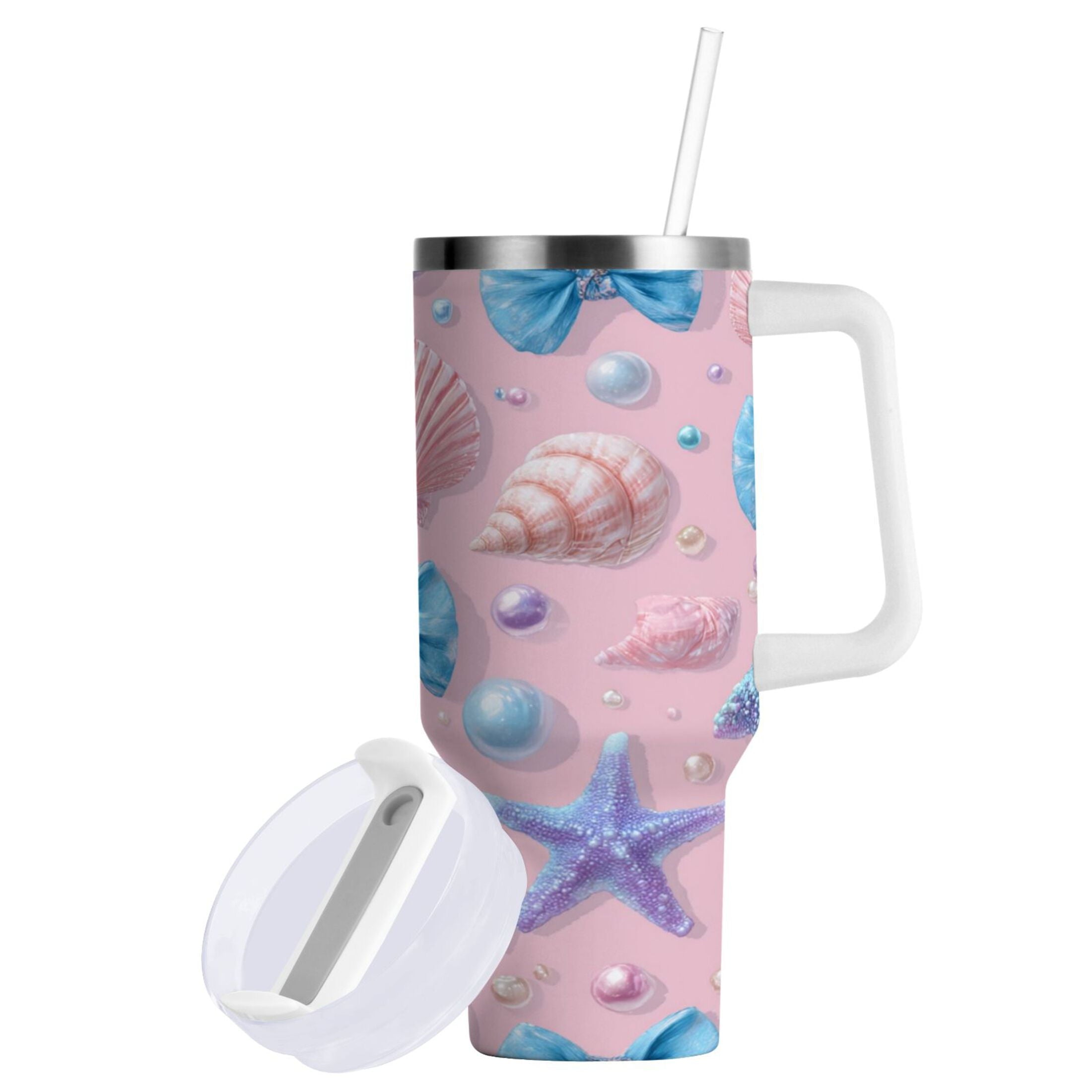 30 oz Insulated Stainless Steel Tumbler Double Wall Stainless Steel Tumbler with 2-Way Drinking Seashells and Bows I44I