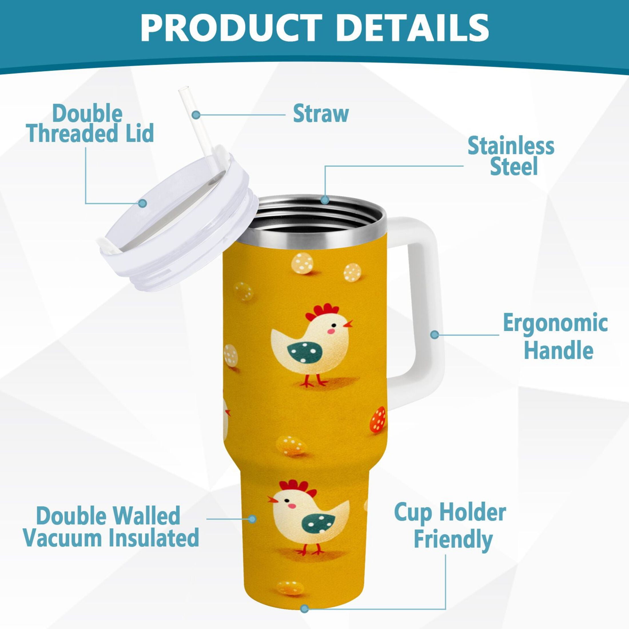 30 oz Insulated Stainless Steel Tumbler Double Wall Stainless Steel Tumbler with 2-Way Drinking Cartoon Chickens Pattern QI75