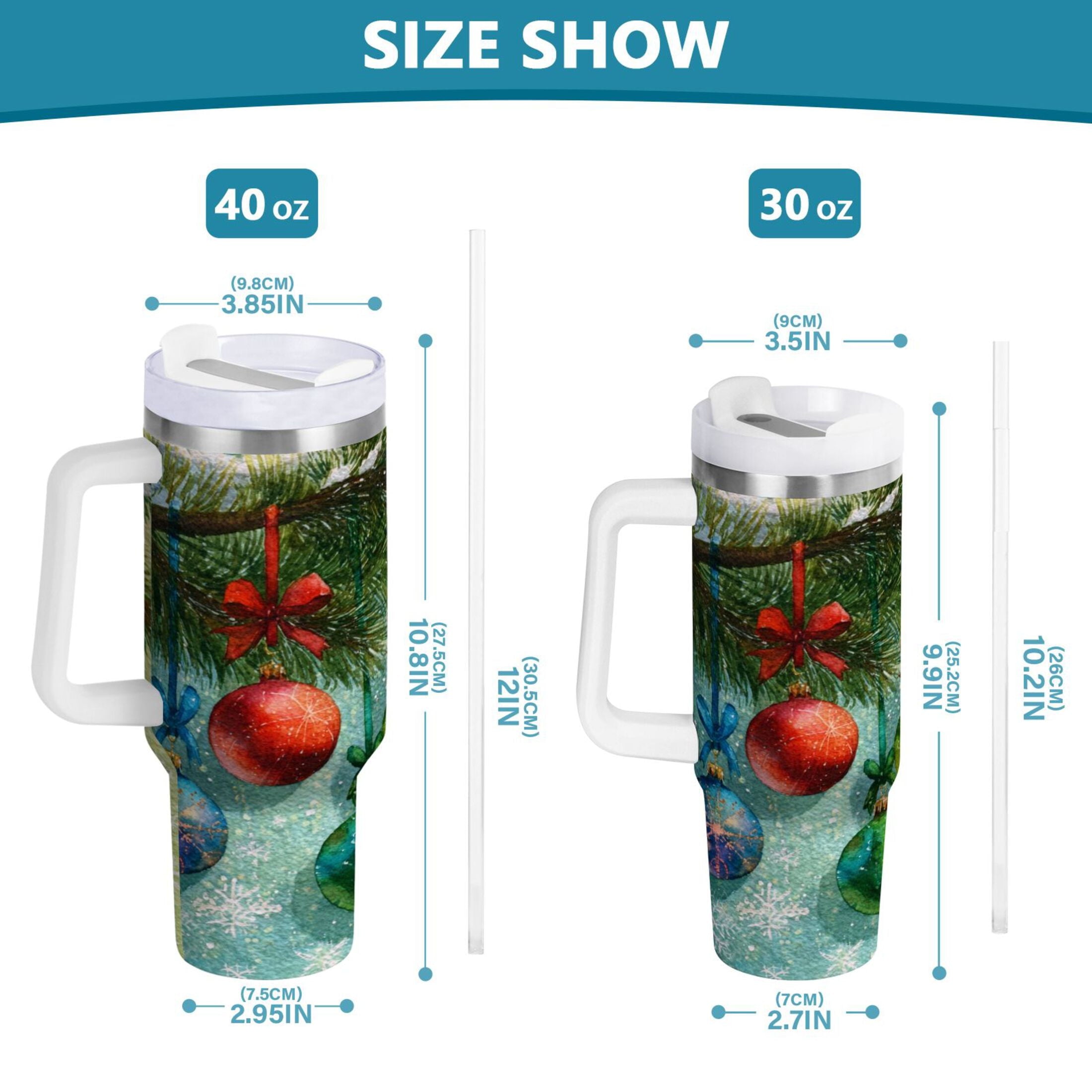 30 oz Insulated Stainless Steel Tumbler Double Wall Stainless Steel Tumbler with 2-Way Drinking Christmas Ornaments Watercolor Painting 3A0U