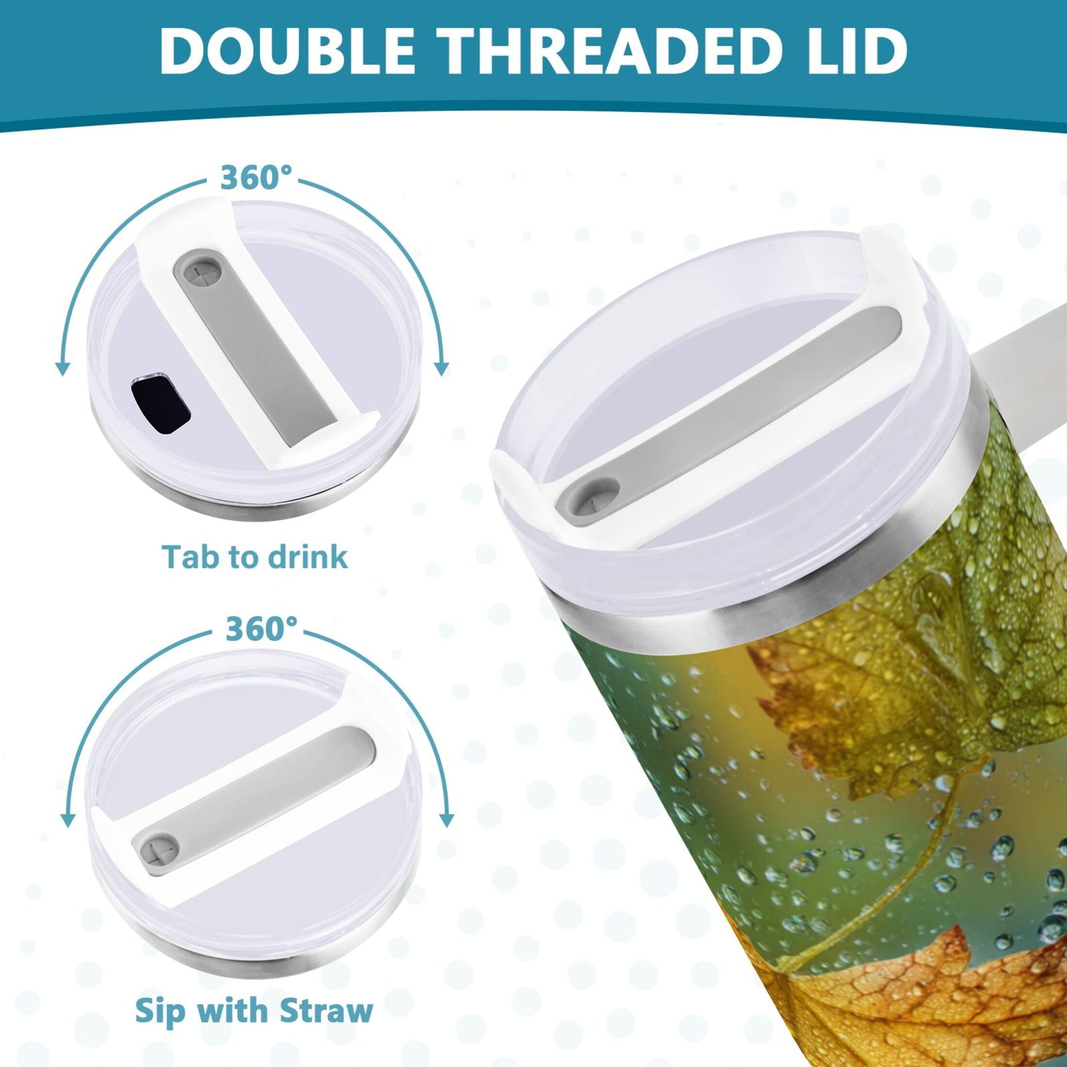 30 oz Insulated Stainless Steel Tumbler Double Wall Stainless Steel Tumbler with 2-Way Drinking Leaves with Water Droplets DSNH