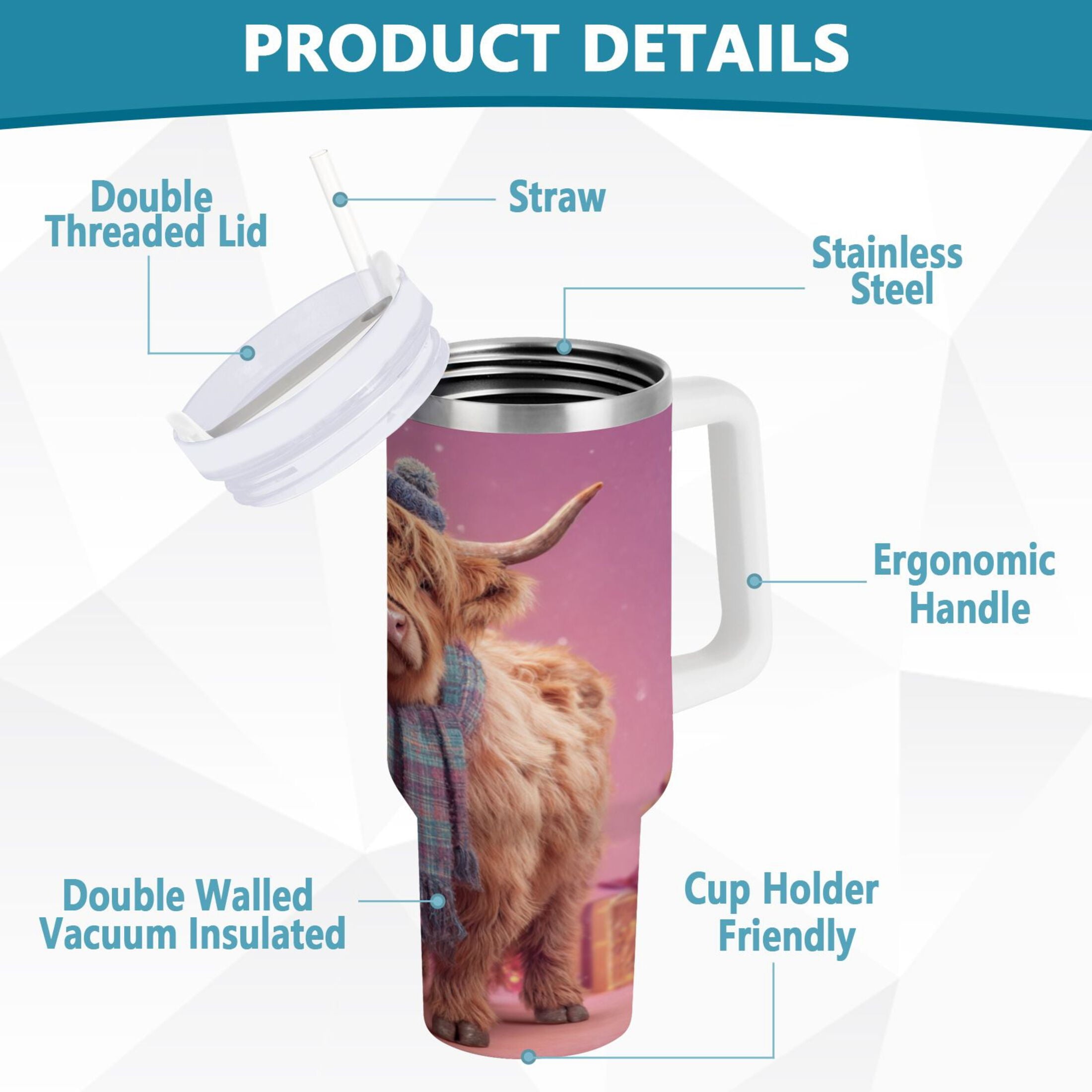30 oz Insulated Stainless Steel Tumbler Double Wall Stainless Steel Tumbler with 2-Way Drinking Cow Wearing Christmas GAJ8