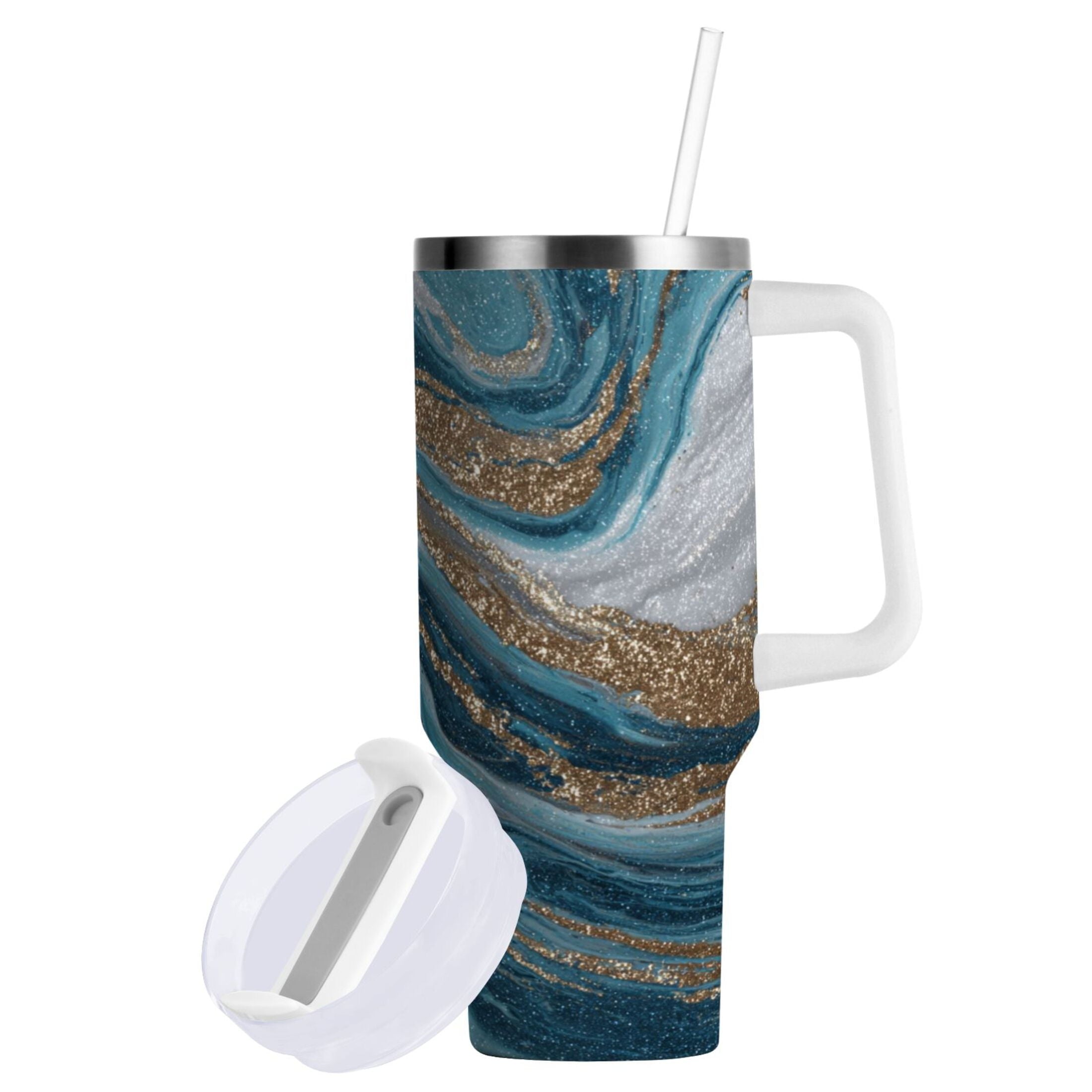 30 oz Insulated Stainless Steel Tumbler Double Wall Stainless Steel Tumbler with 2-Way Drinking Blue and Gold Swirling 1HW0
