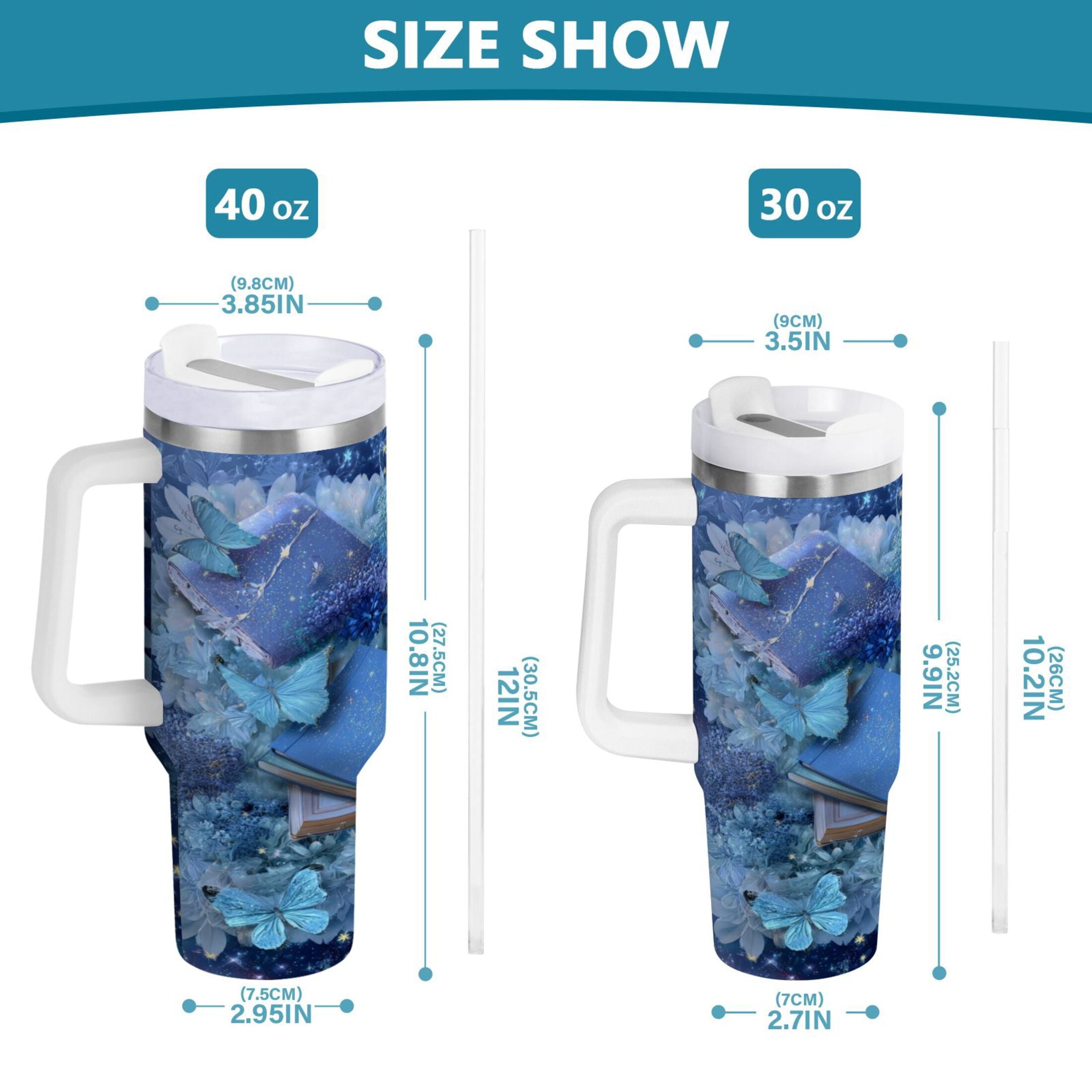 30 oz Insulated Stainless Steel Tumbler Double Wall Stainless Steel Tumbler with 2-Way Drinking Butterflies Books and Flowers UUNP