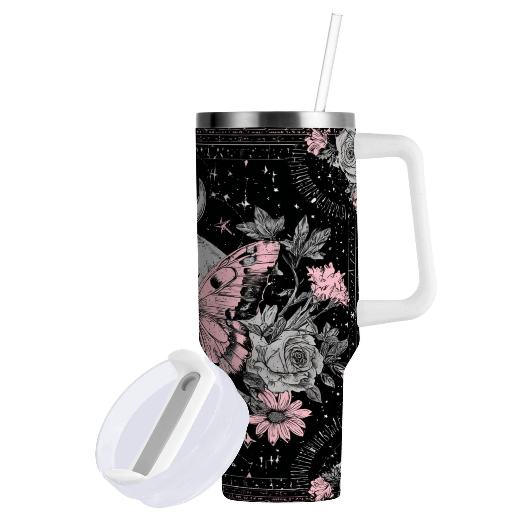 30 oz Insulated Stainless Steel Tumbler Double Wall Stainless Steel Tumbler with 2-Way Drinking Butterfly by Moon and Flowers Y02L